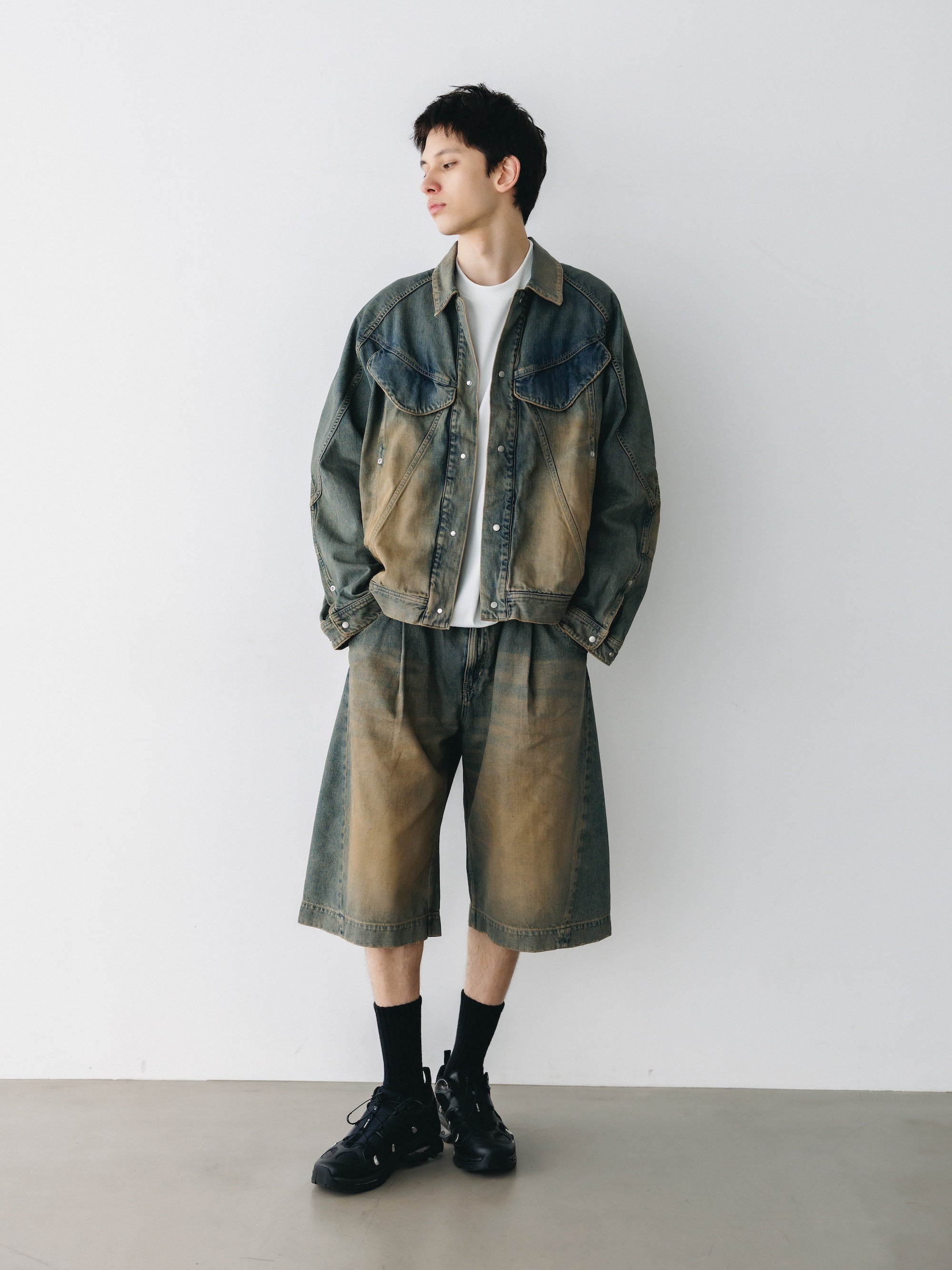 VINTAGE DYED SELVEDGE DENIM CITY BAGGY HALF PANTS (VINTAGE BEIGE)