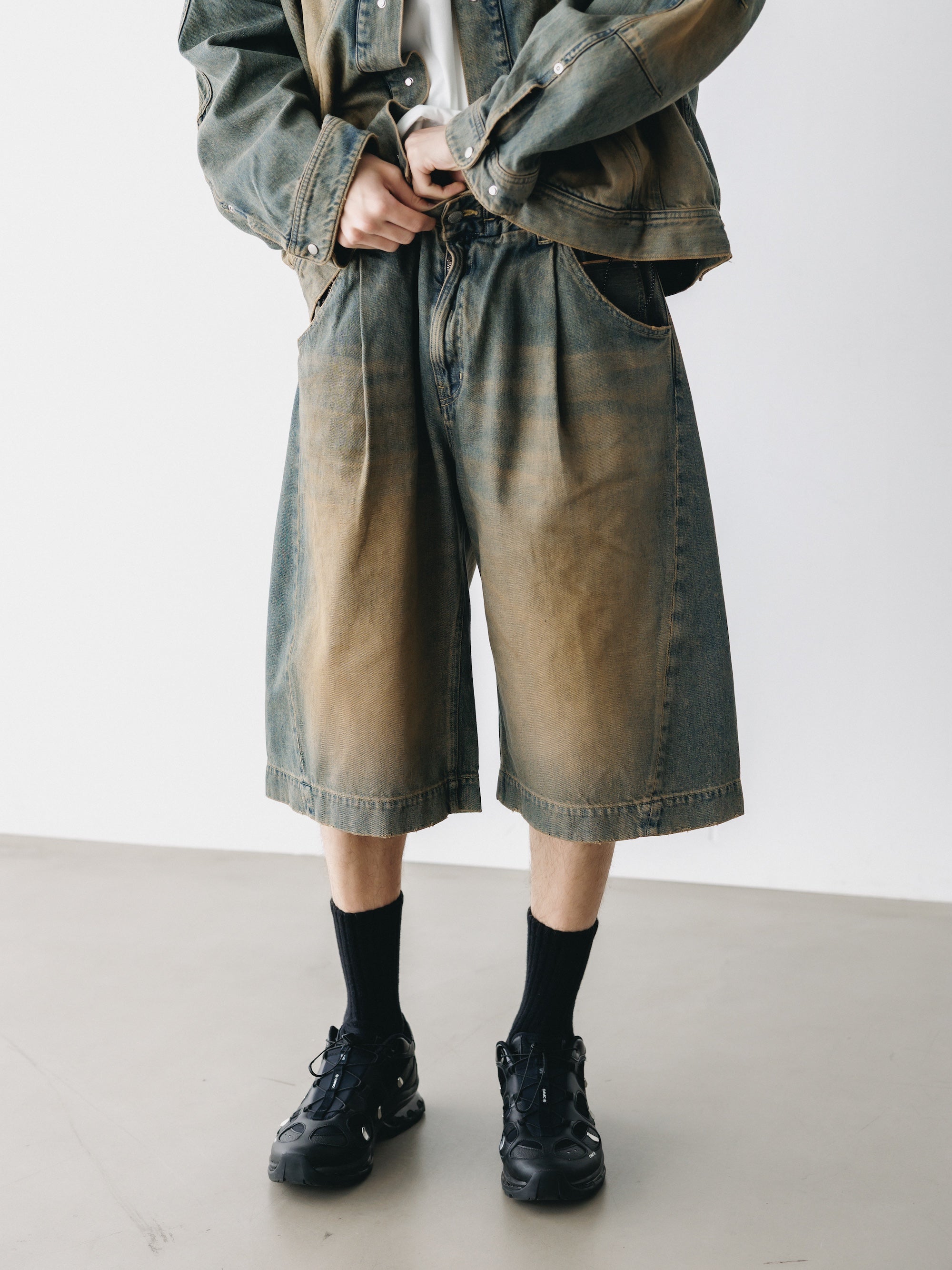 VINTAGE DYED SELVEDGE DENIM CITY BAGGY HALF PANTS (VINTAGE BEIGE)