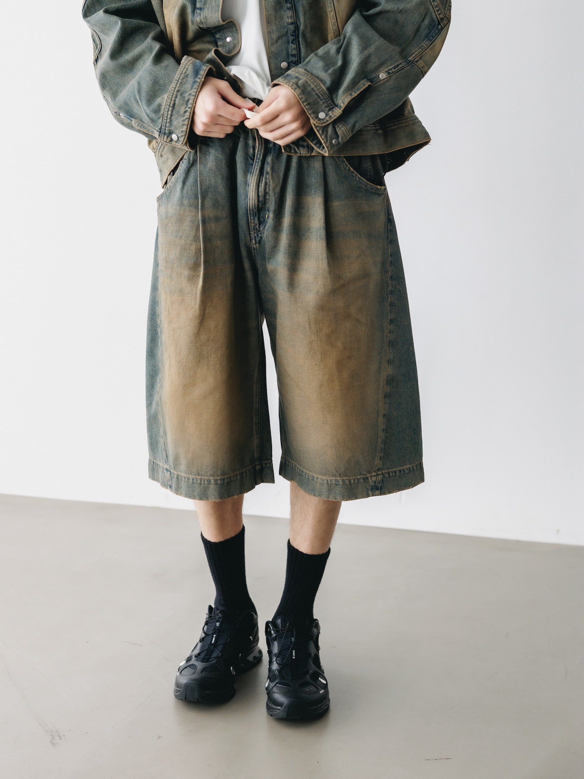 VINTAGE DYED SELVEDGE DENIM CITY BAGGY HALF PANTS (VINTAGE BEIGE)