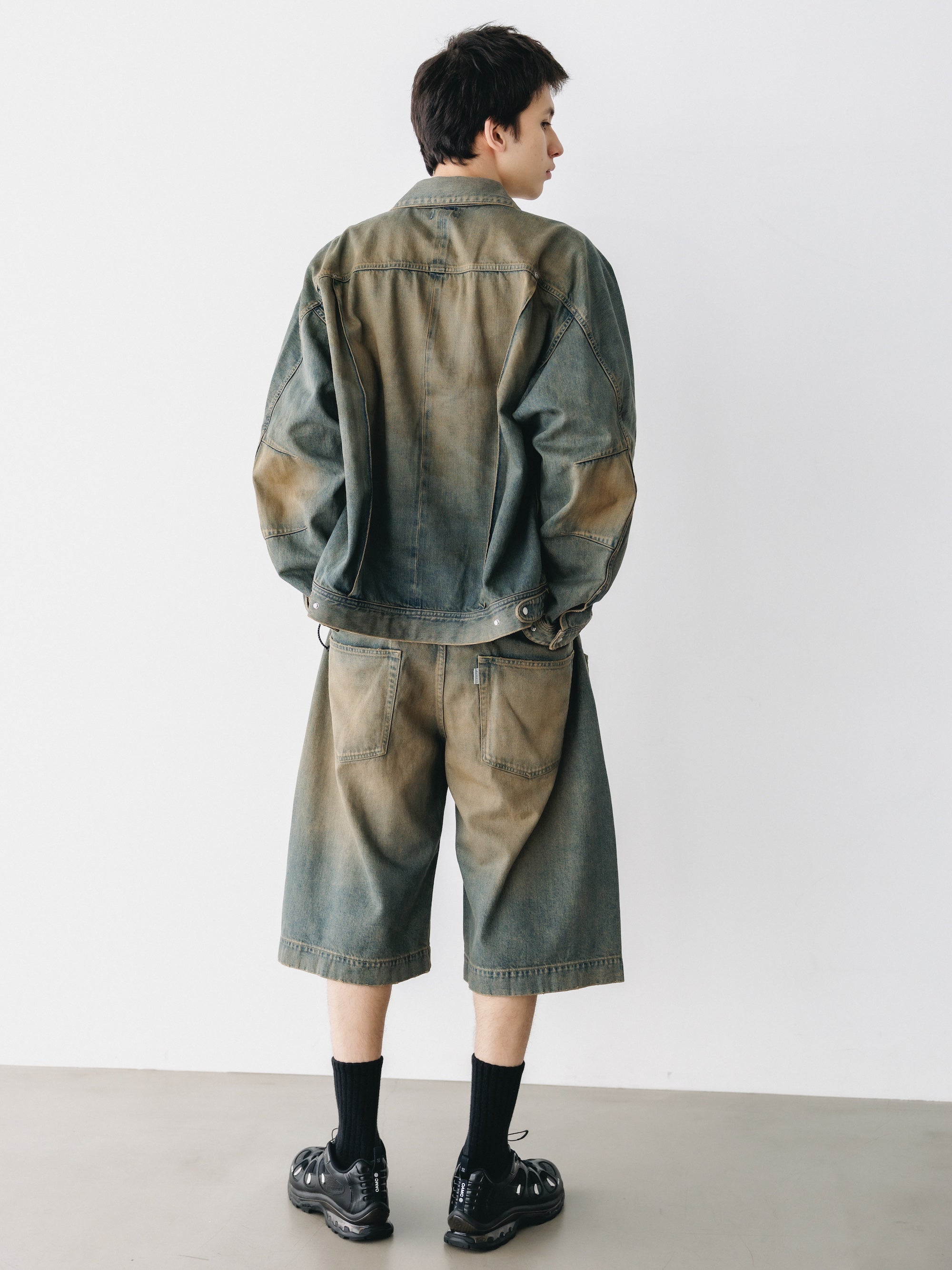 VINTAGE DYED SELVEDGE DENIM CITY BAGGY HALF PANTS (VINTAGE BEIGE)