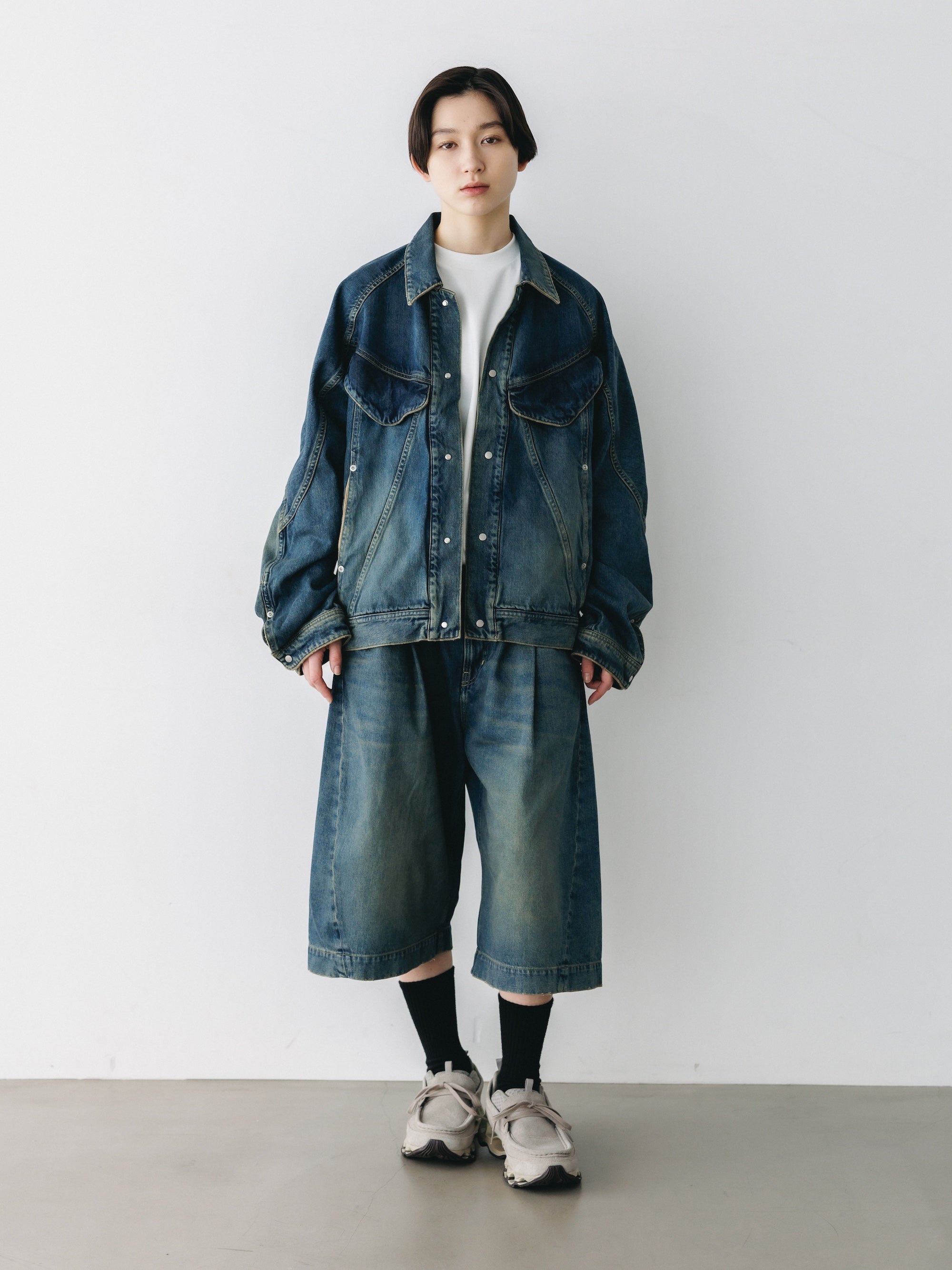 VINTAGE DYED SELVEDGE DENIM CITY BAGGY HALF PANTS (VINTAGE INDIGO)