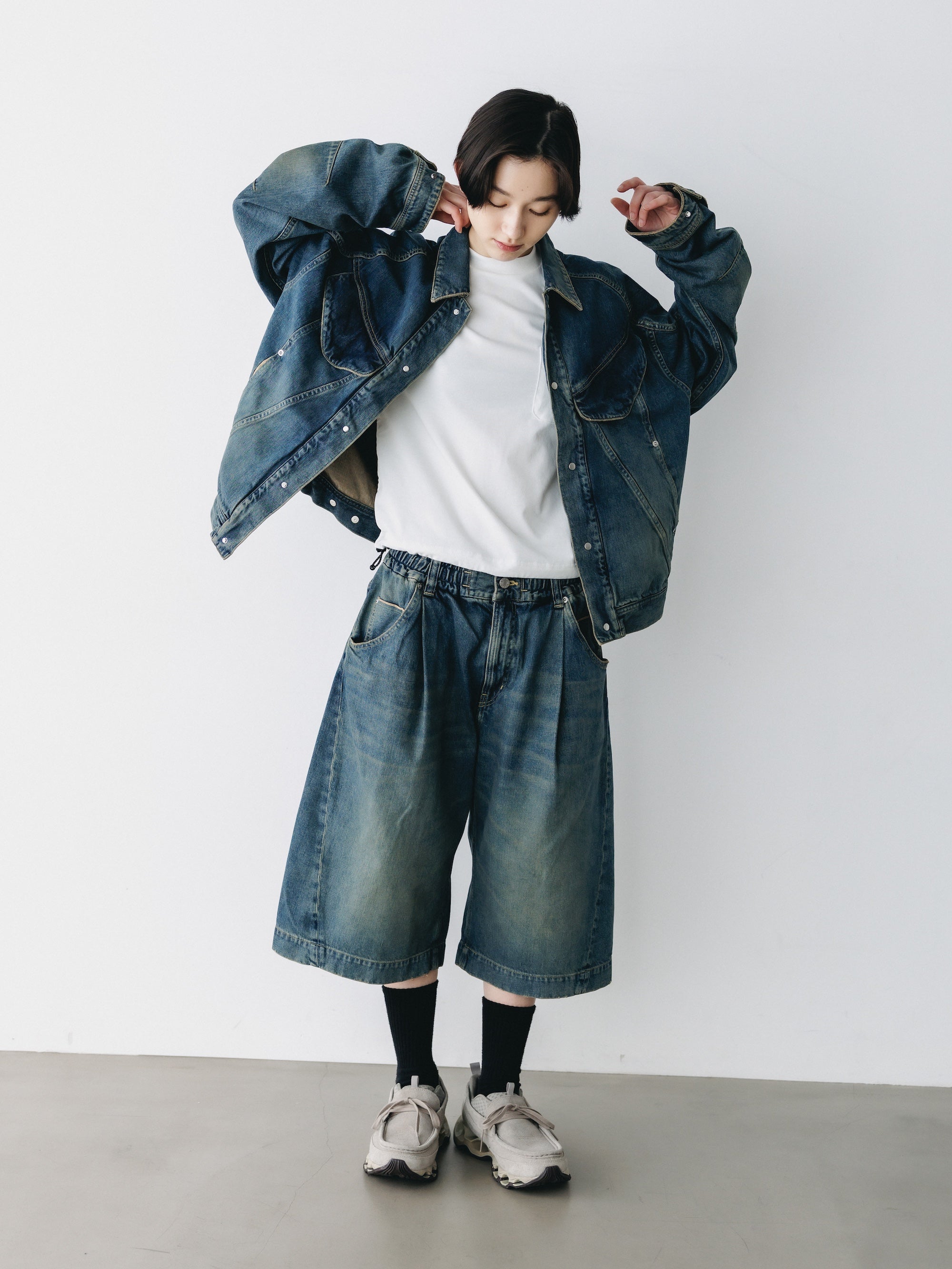 VINTAGE DYED SELVEDGE DENIM CITY BAGGY HALF PANTS (VINTAGE INDIGO)
