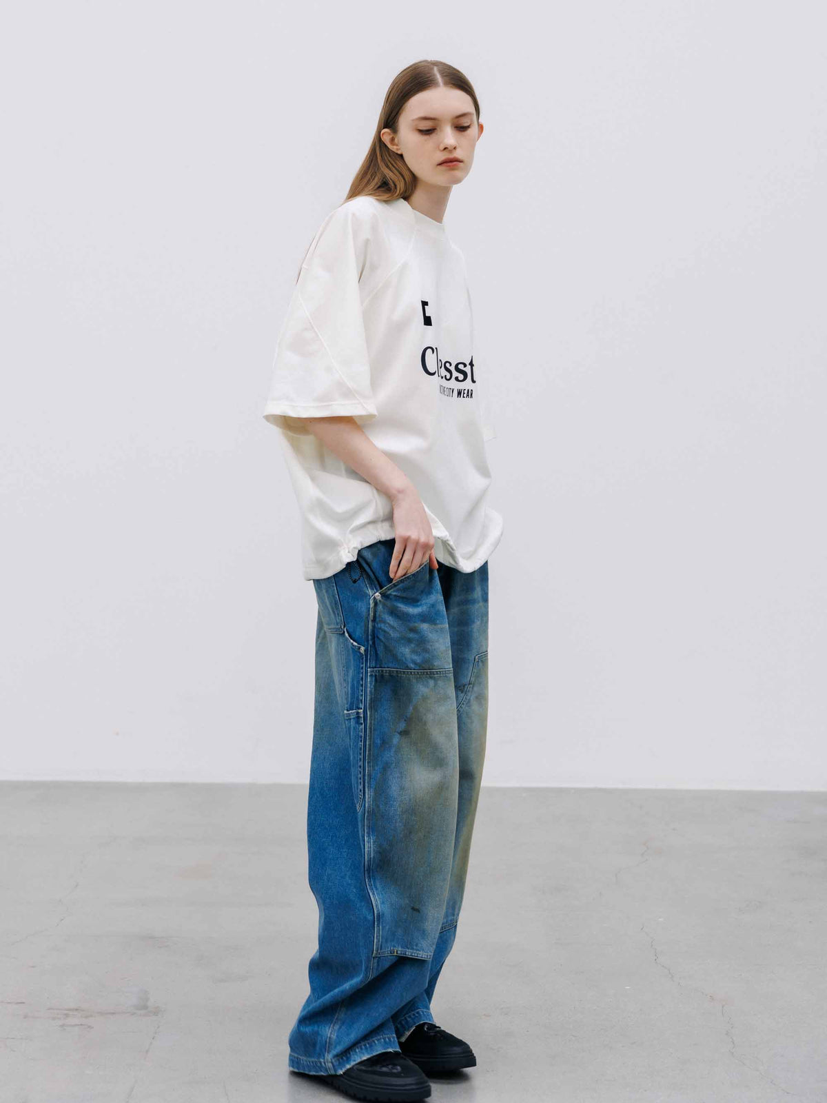 【10.10 SAT 20:00- IN STOCK】 VINTAGE DYED SELVEDGE DENIM DOUBLE KNEE CURVED WORKER PANTS (VINTAGE LIGHT INDIGO)