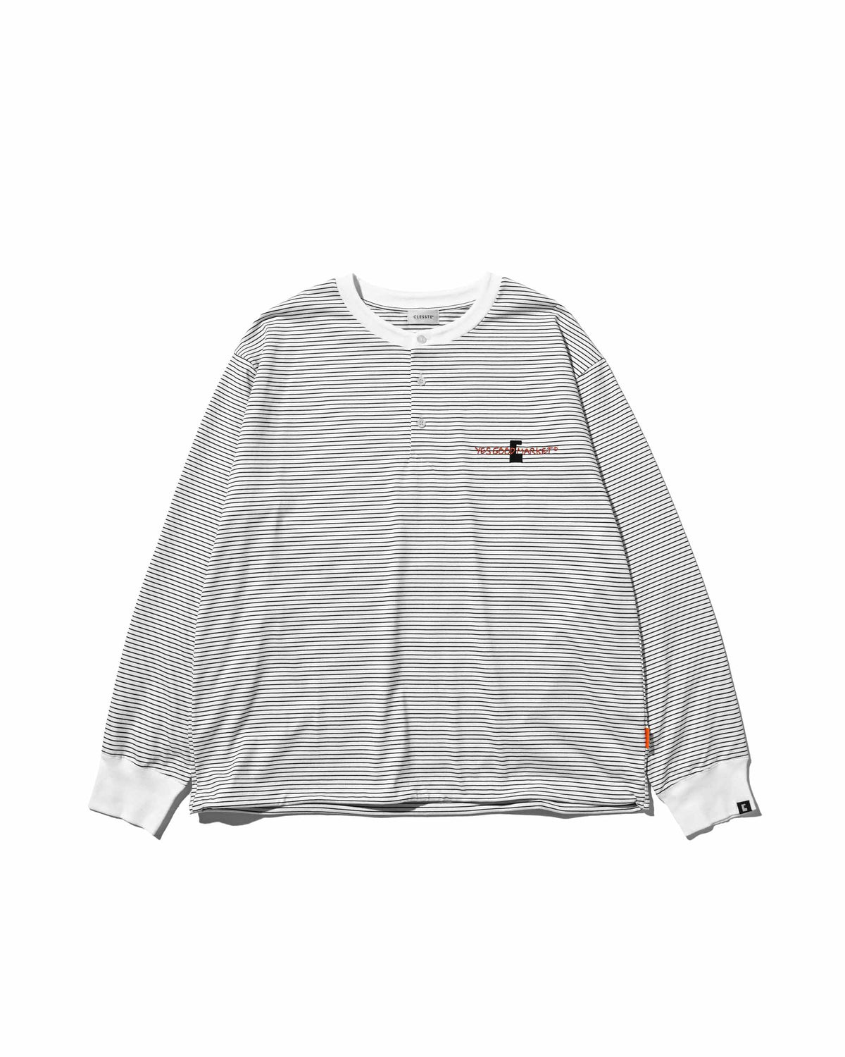 【10.4 SUN 20:00- IN STOCK】【LIMITED】 “C×YES GOOD MARKET" STRIPED HENLEY NECK L/S T-SHIRT WITH DRAWSTRINGS (WHITE)