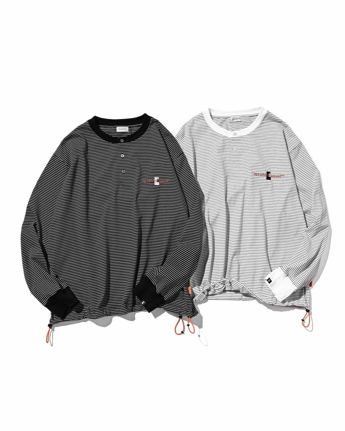 【10.4 SUN 20:00- IN STOCK】【LIMITED】 “C×YES GOOD MARKET" STRIPED HENLEY NECK L/S T-SHIRT WITH DRAWSTRINGS (WHITE)