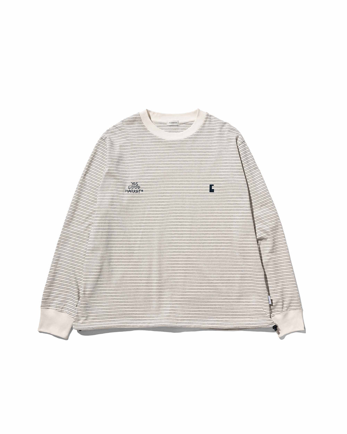 【10.4 SUN 20:00- IN STOCK】【LIMITED】 “YES G♡♡D MARKET" MICRO STRIPED L/S T-SHIRT WITH DRAWSTRINGS (IVORY)