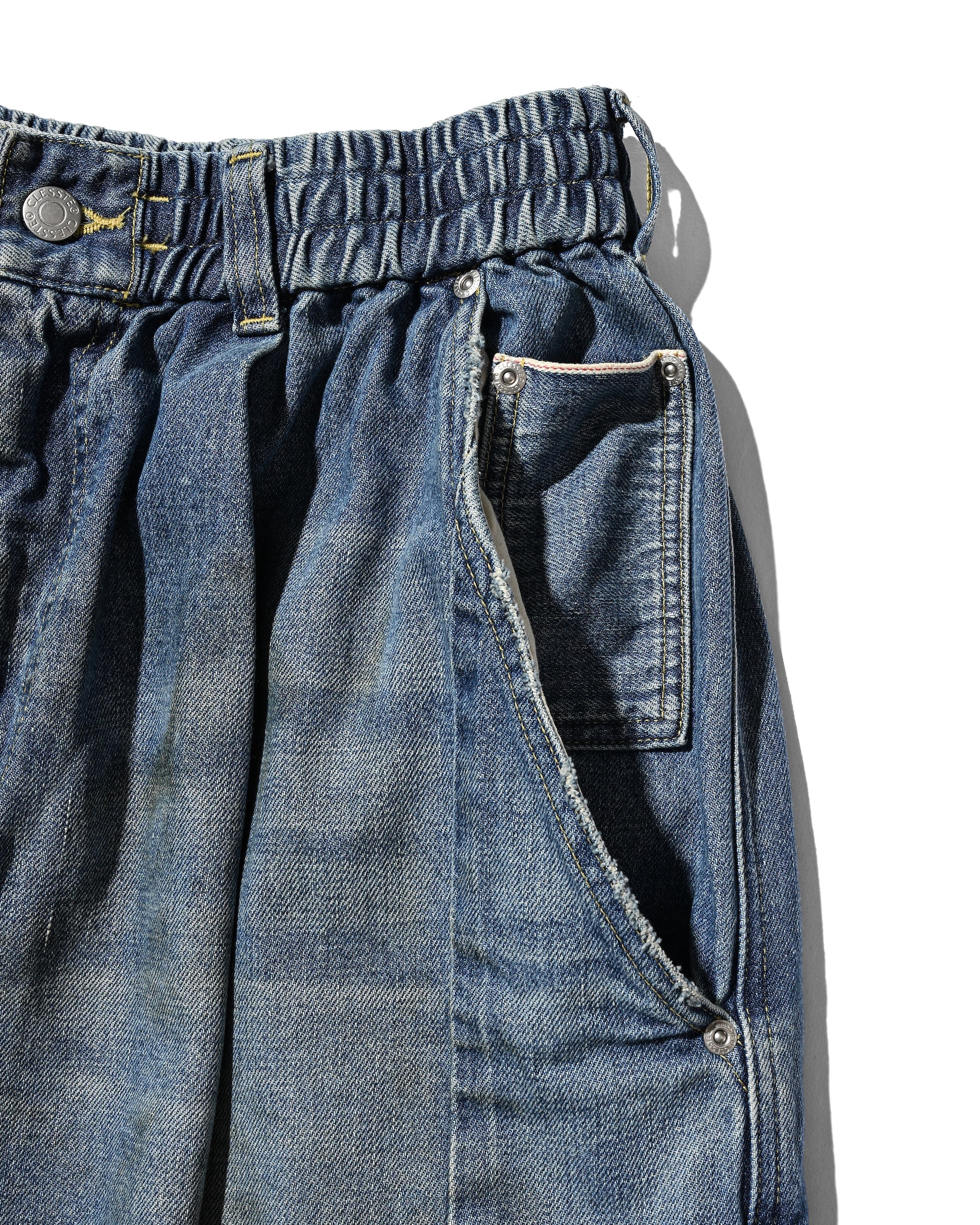 VINTAGE DYED SELVEDGE DENIM CITY MEGA POCKET BALLOON CARGO PANTS (VINTAGE LIGHT INDIGO)