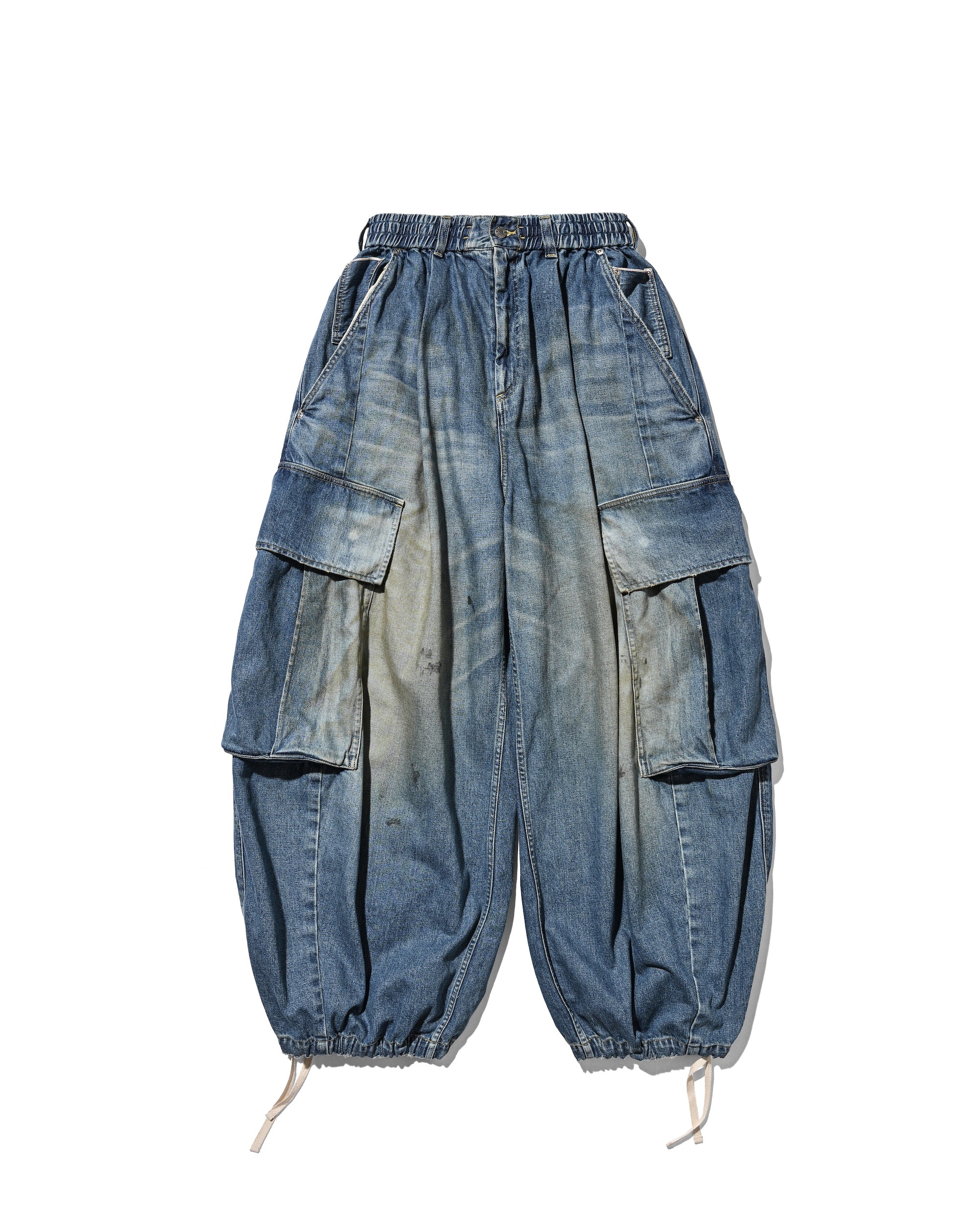 VINTAGE DYED SELVEDGE DENIM CITY MEGA POCKET BALLOON CARGO PANTS (VINTAGE LIGHT INDIGO)