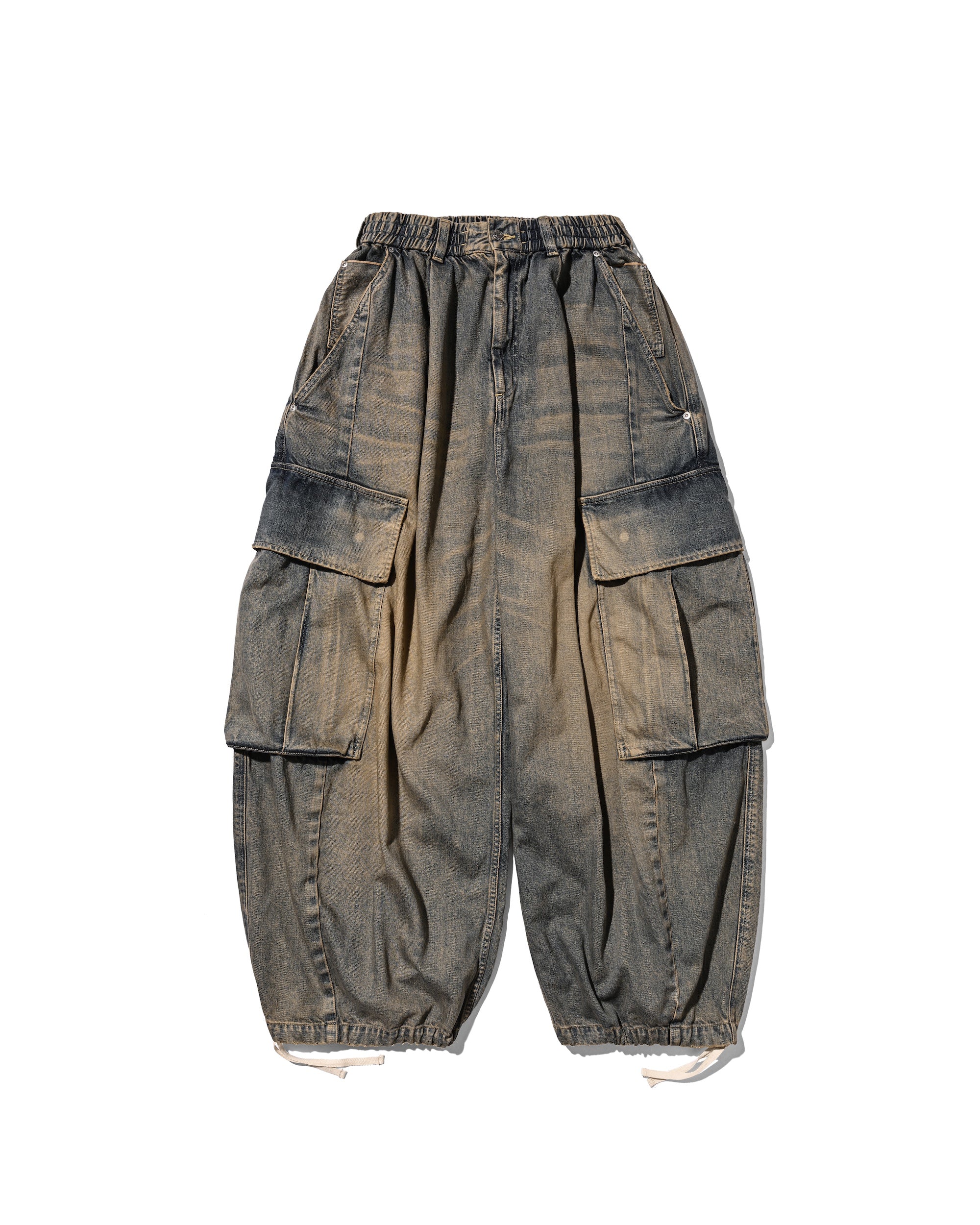 VINTAGE DYED SELVEDGE DENIM CITY MEGA POCKET BALLOON CARGO PANTS (VINTAGE BEIGE)