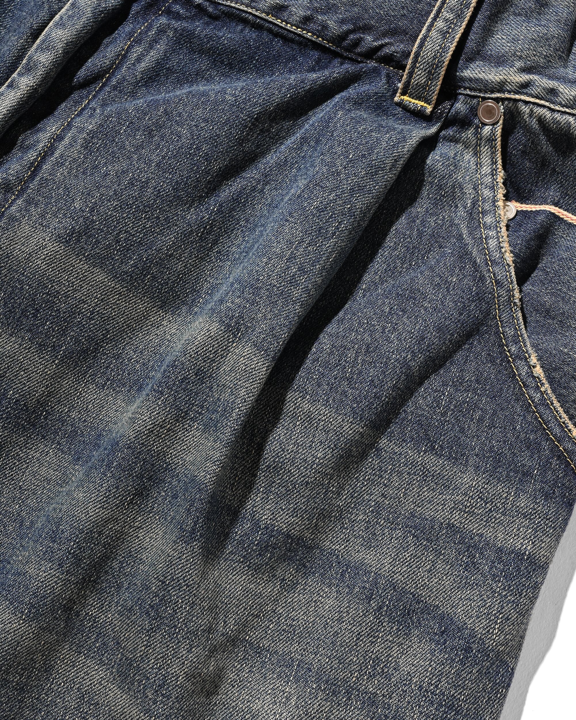 【10.1 WED 20:00- IN STOCK】VINTAGE DYED SELVEDGE DENIM BARREL LEG PANTS (VINTAGE INDIGO)