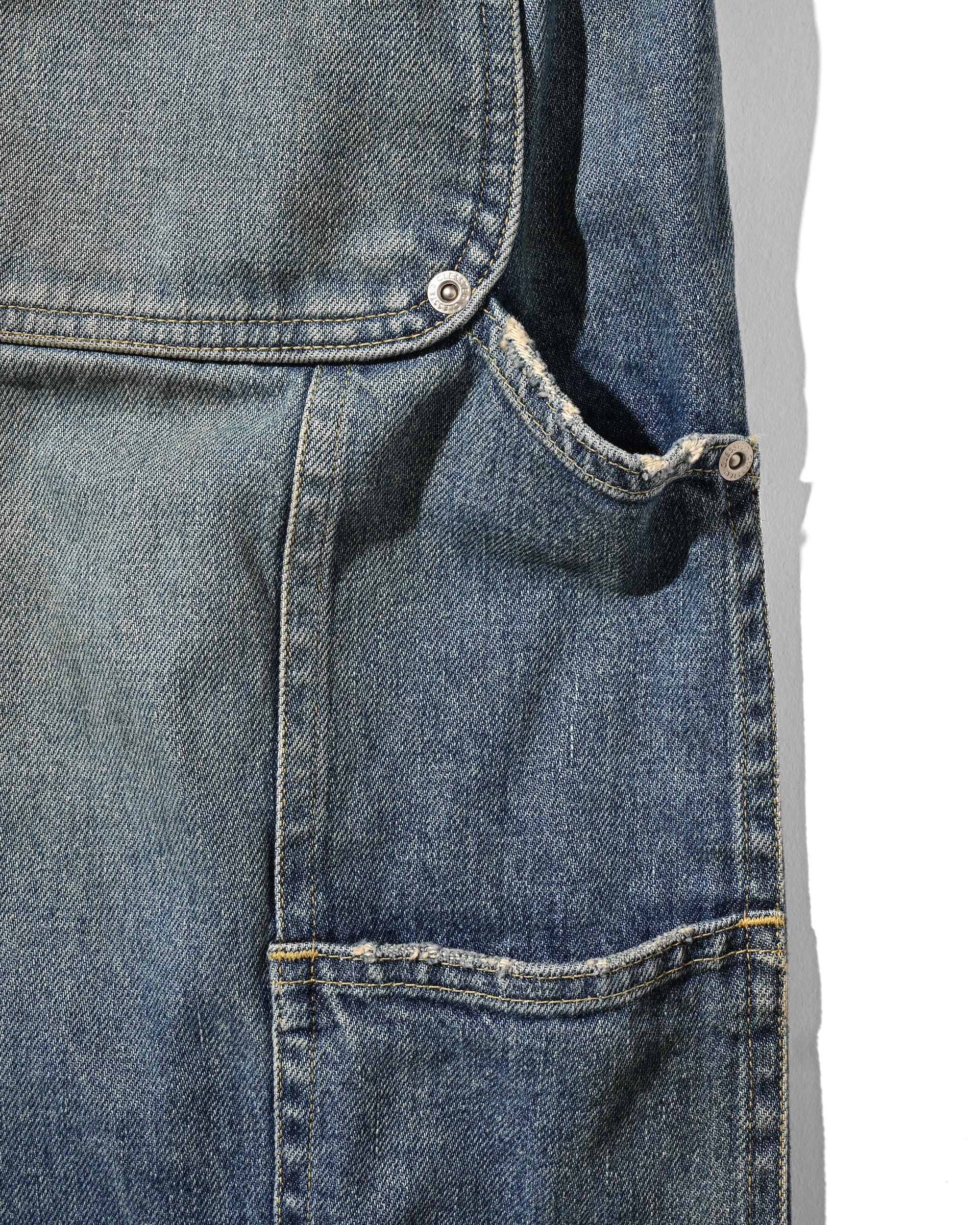VINTAGE DYED SELVEDGE DENIM DOUBLE KNEE CURVED WORKER PANTS (VINTAGE LIGHT INDIGO)