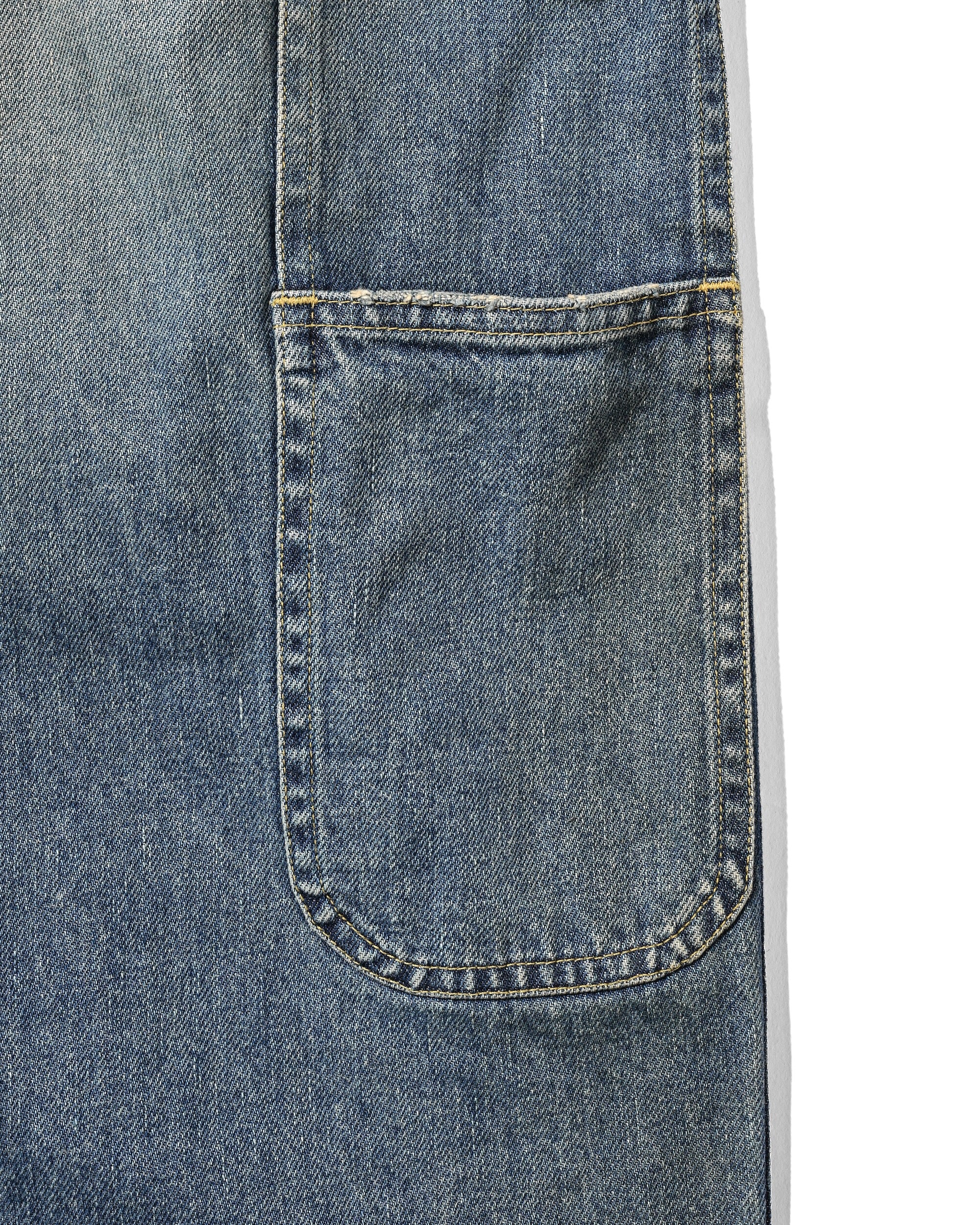 VINTAGE DYED SELVEDGE DENIM DOUBLE KNEE CURVED WORKER PANTS (VINTAGE LIGHT INDIGO)