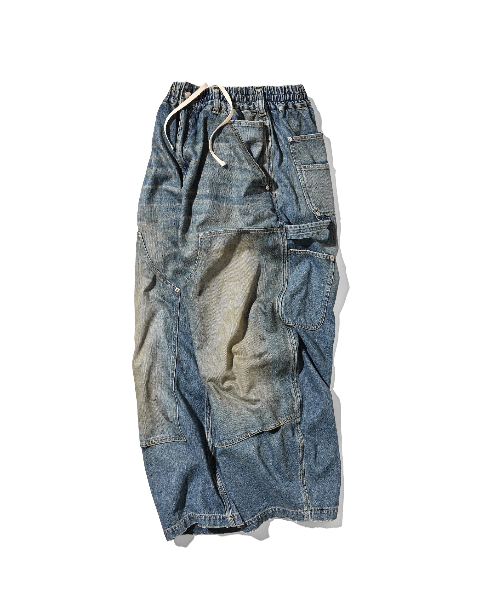 VINTAGE DYED SELVEDGE DENIM DOUBLE KNEE CURVED WORKER PANTS (VINTAGE LIGHT INDIGO)