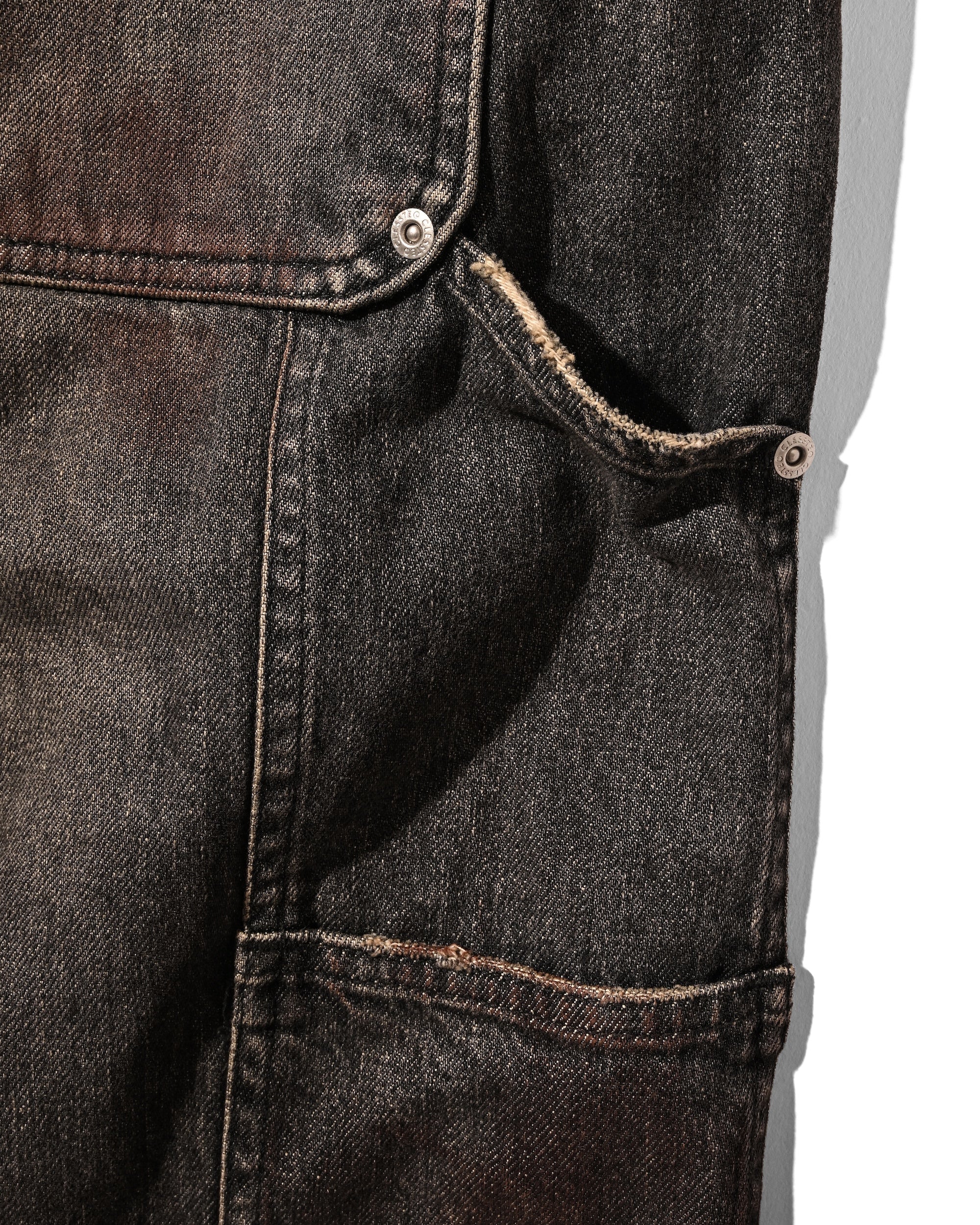 VINTAGE DYED SELVEDGE DENIM DOUBLE KNEE CURVED WORKER PANTS (VINTAGE BLACK)