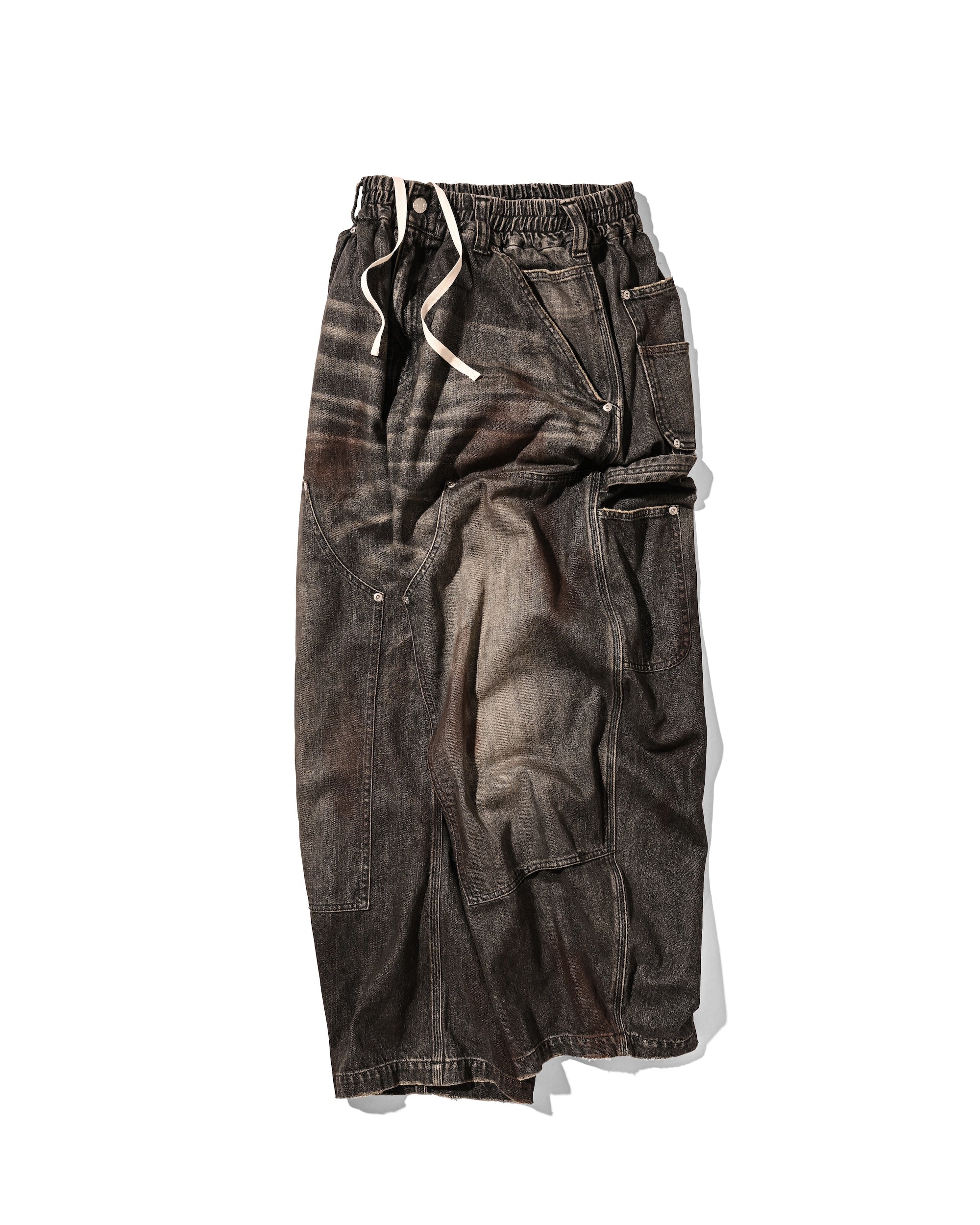 VINTAGE DYED SELVEDGE DENIM DOUBLE KNEE CURVED WORKER PANTS (VINTAGE BLACK)