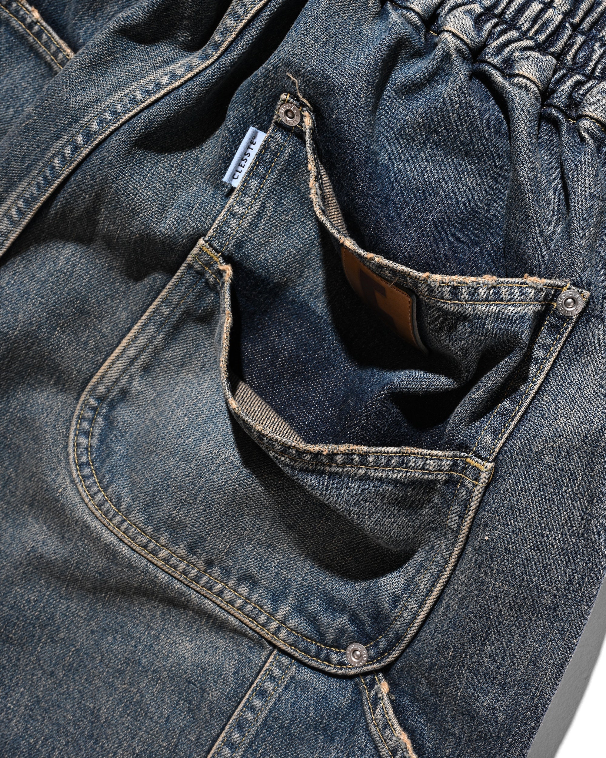 VINTAGE DYED SELVEDGE DENIM DOUBLE KNEE CURVED WORKER PANTS (VINTAGE INDIGO)