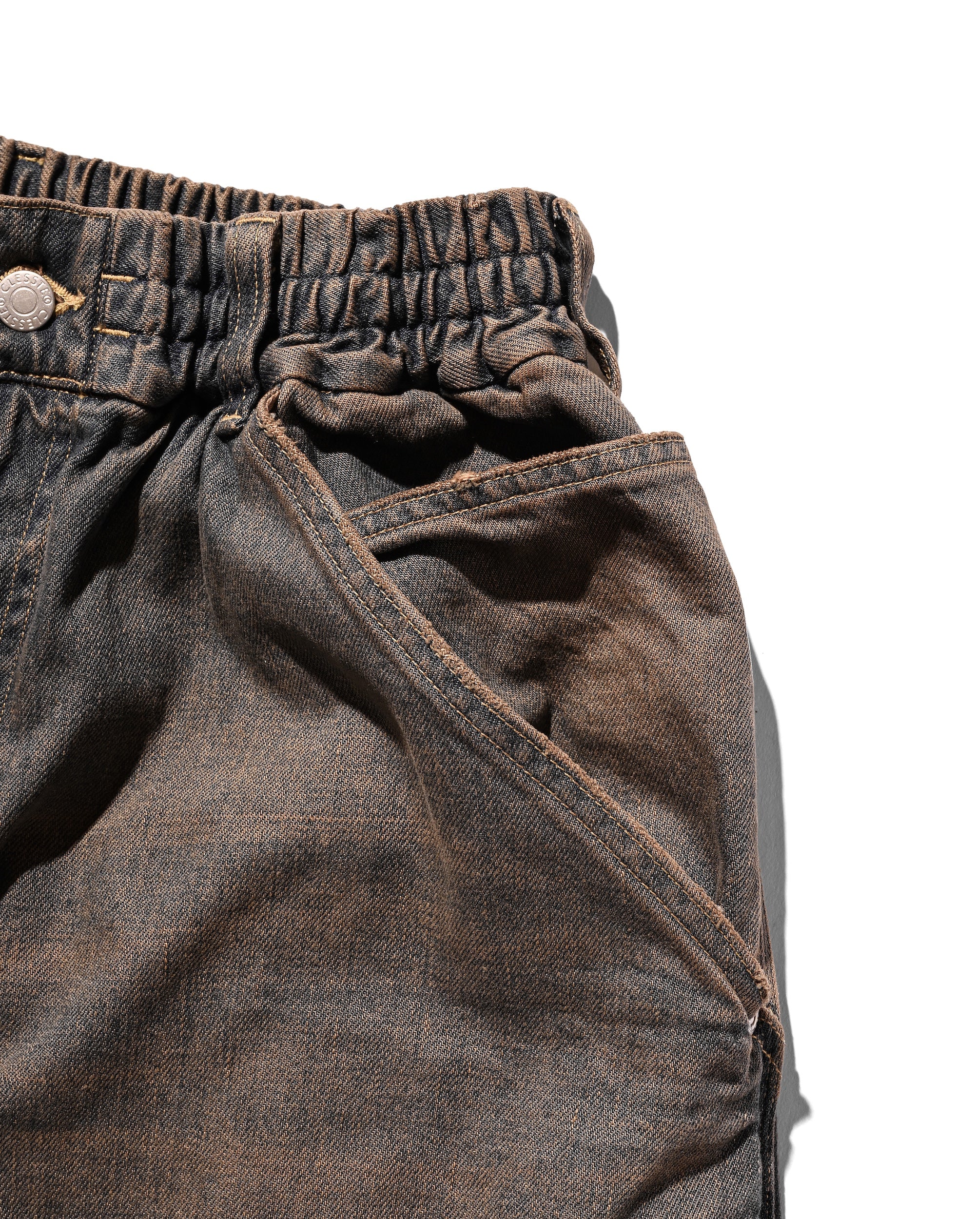 VINTAGE DYED SELVEDGE DENIM DOUBLE KNEE CURVED WORKER PANTS (VINTAGE BROWN)