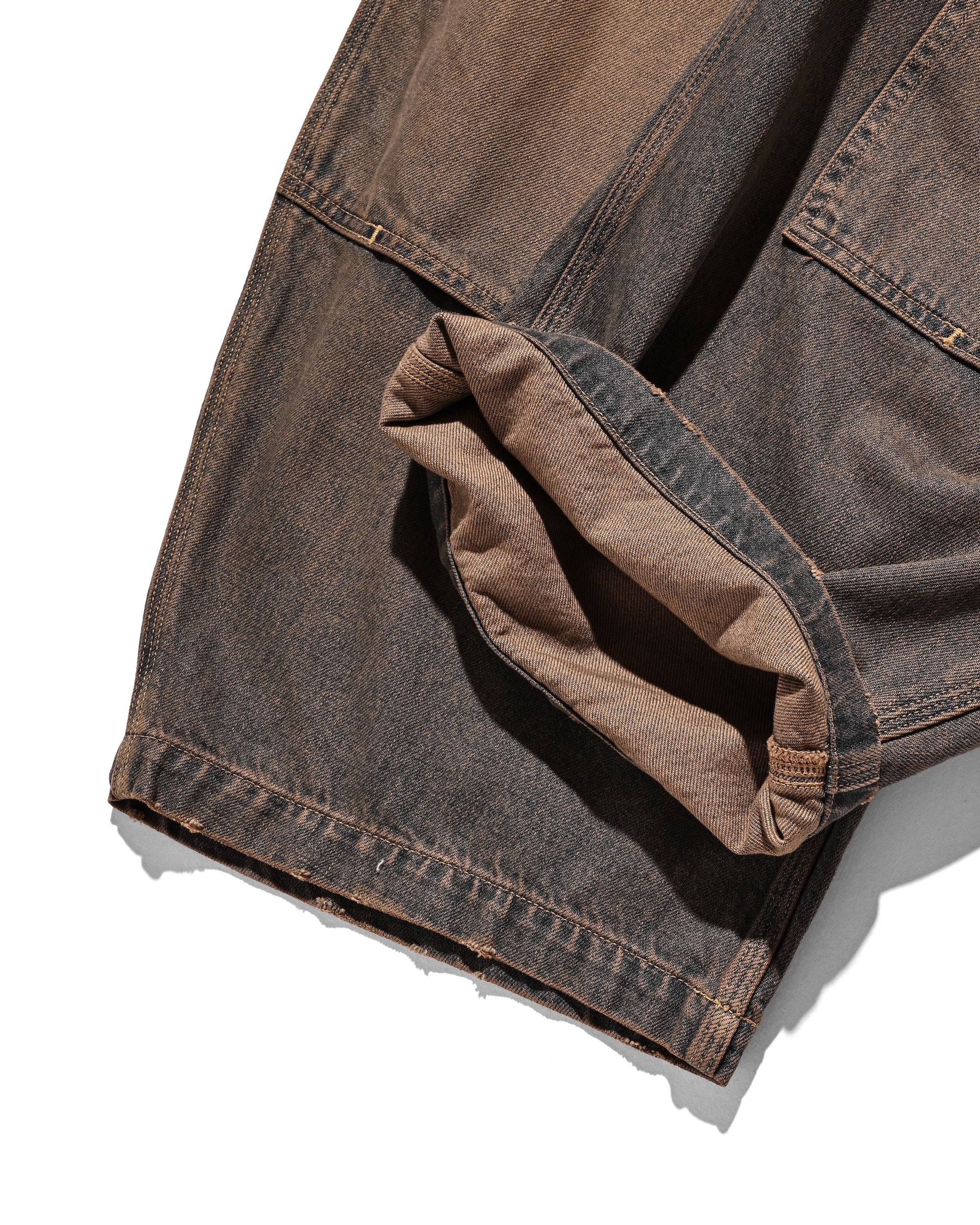 VINTAGE DYED SELVEDGE DENIM DOUBLE KNEE CURVED WORKER PANTS (VINTAGE BROWN)