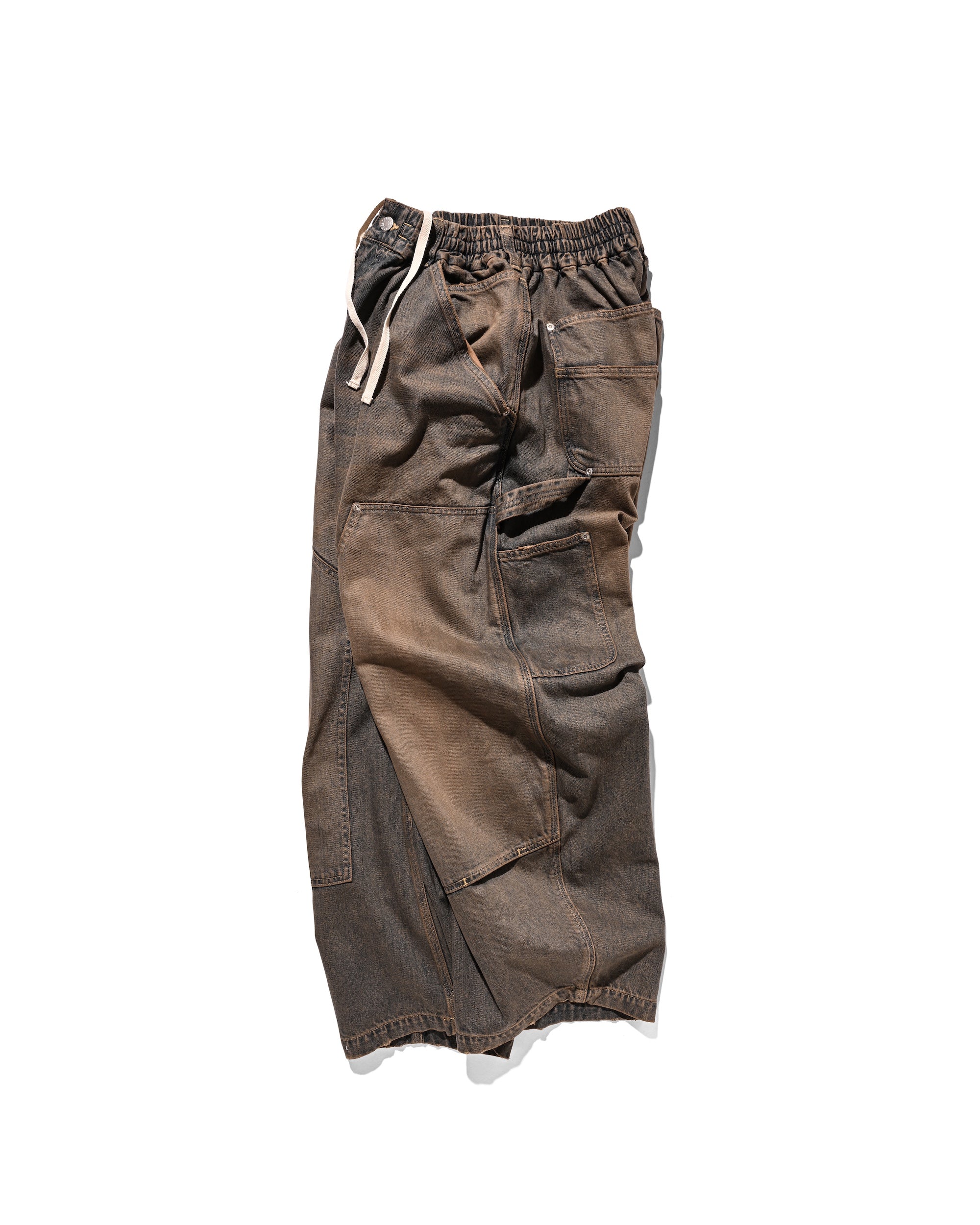 VINTAGE DYED SELVEDGE DENIM DOUBLE KNEE CURVED WORKER PANTS (VINTAGE BROWN)