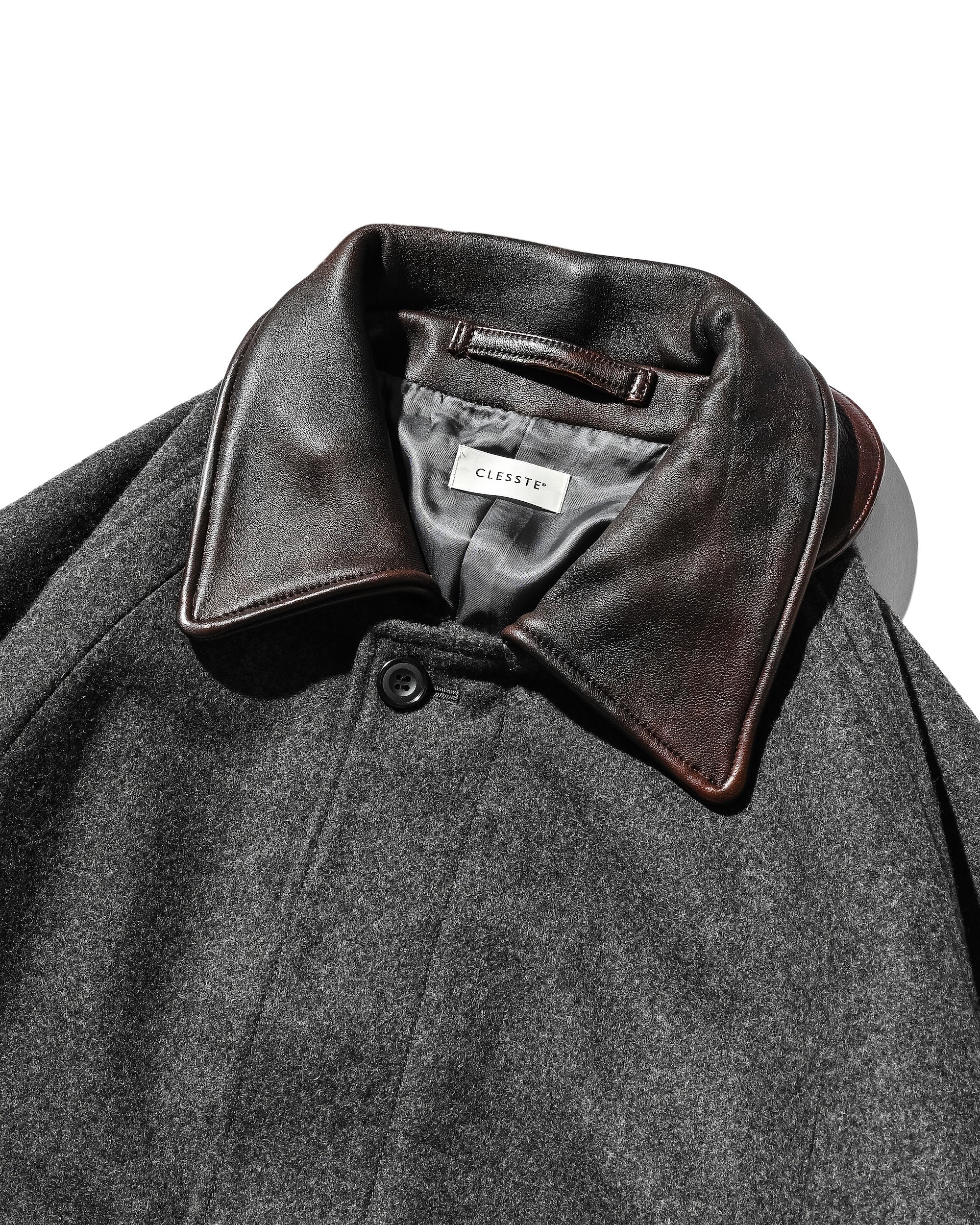 【12.10 WED 20:00- IN STOCK】LEATHER COLLAR WOOL MELTON BALMACAAN COAT (GRAY)