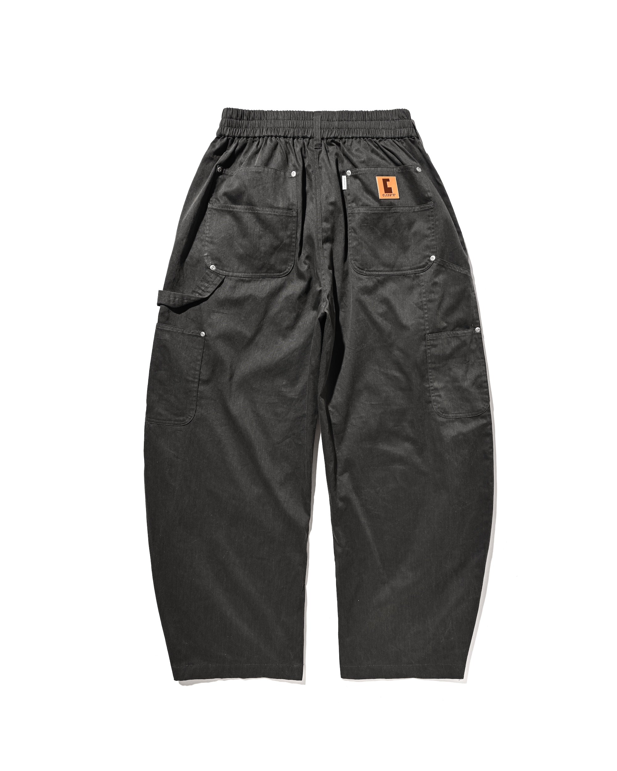 VINTAGE EFFECT DOUBLE KNEE CURVED WORKER PANTS (BLACK)