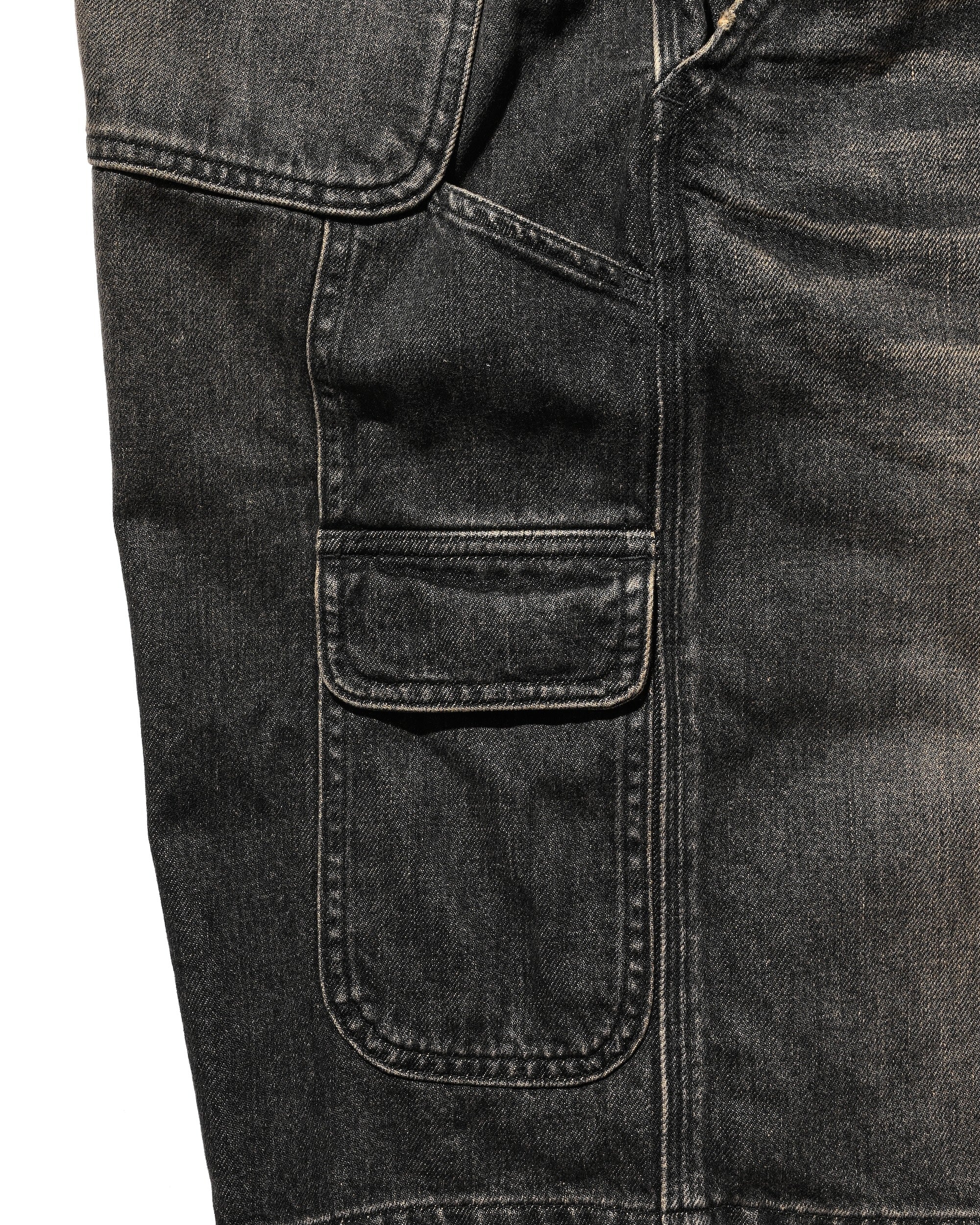 VINTAGE DYED SELVEDGE DENIM WORKER HALF PANTS (VINTAGE BLACK)