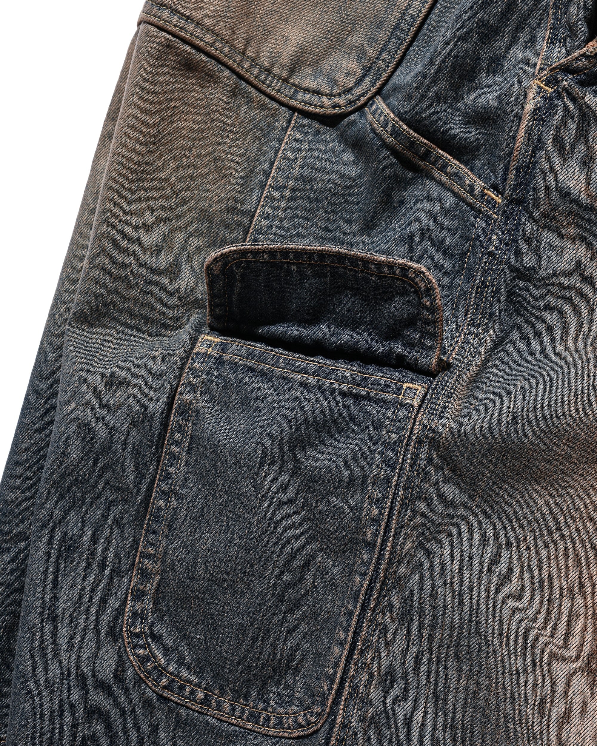 VINTAGE DYED SELVEDGE DENIM WORKER HALF PANTS (VINTAGE BROWN)