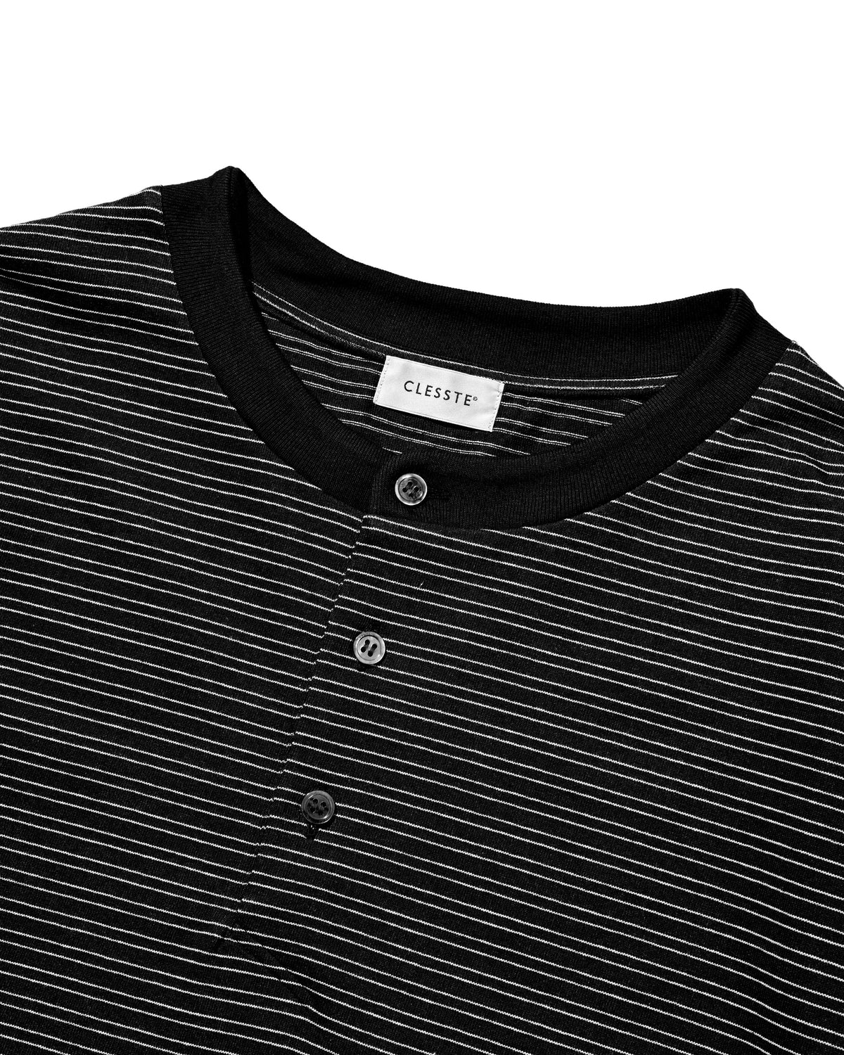 【10.14 WED 20:00- IN STOCK】MICRO STRIPE HENLEY NECK L/S T-SHIRT WITH DRAWSTRINGS (BLACK)