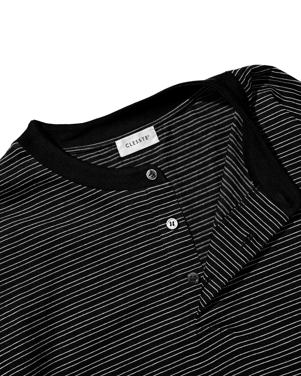 【10.14 WED 20:00- IN STOCK】MICRO STRIPE HENLEY NECK L/S T-SHIRT WITH DRAWSTRINGS (BLACK)