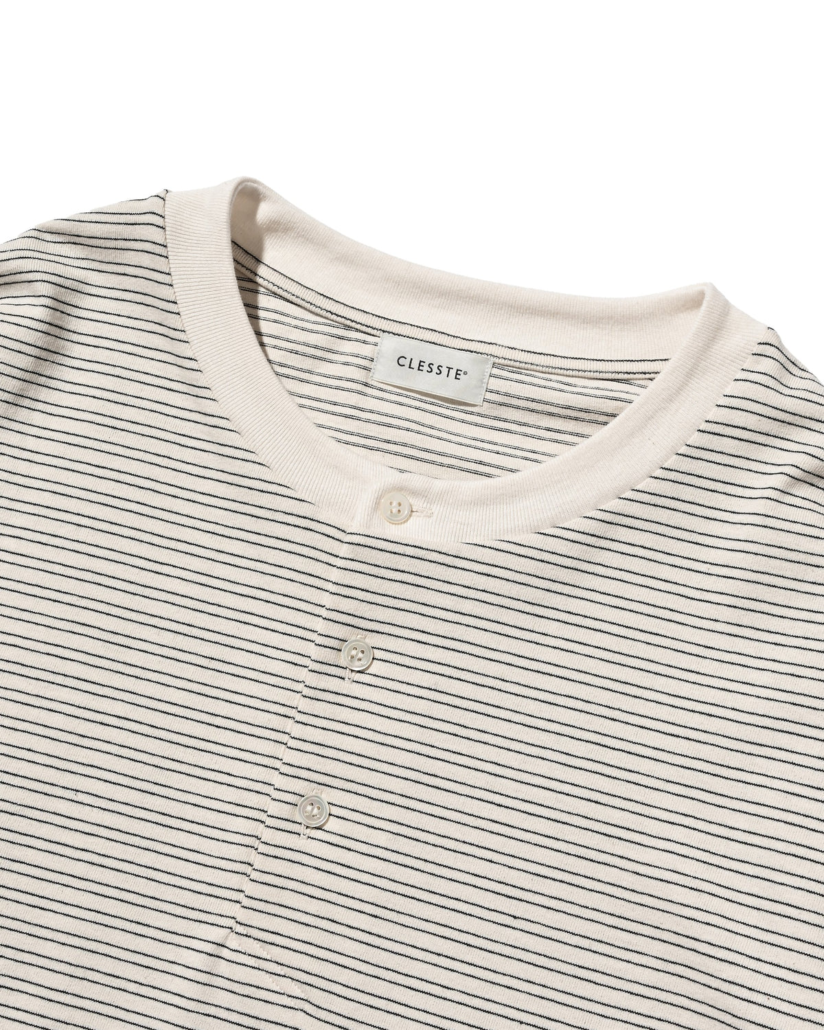 【10.14 WED 20:00- IN STOCK】 MICRO STRIPE HENLEY NECK L/S T-SHIRT WITH DRAWSTRINGS (IVORY)