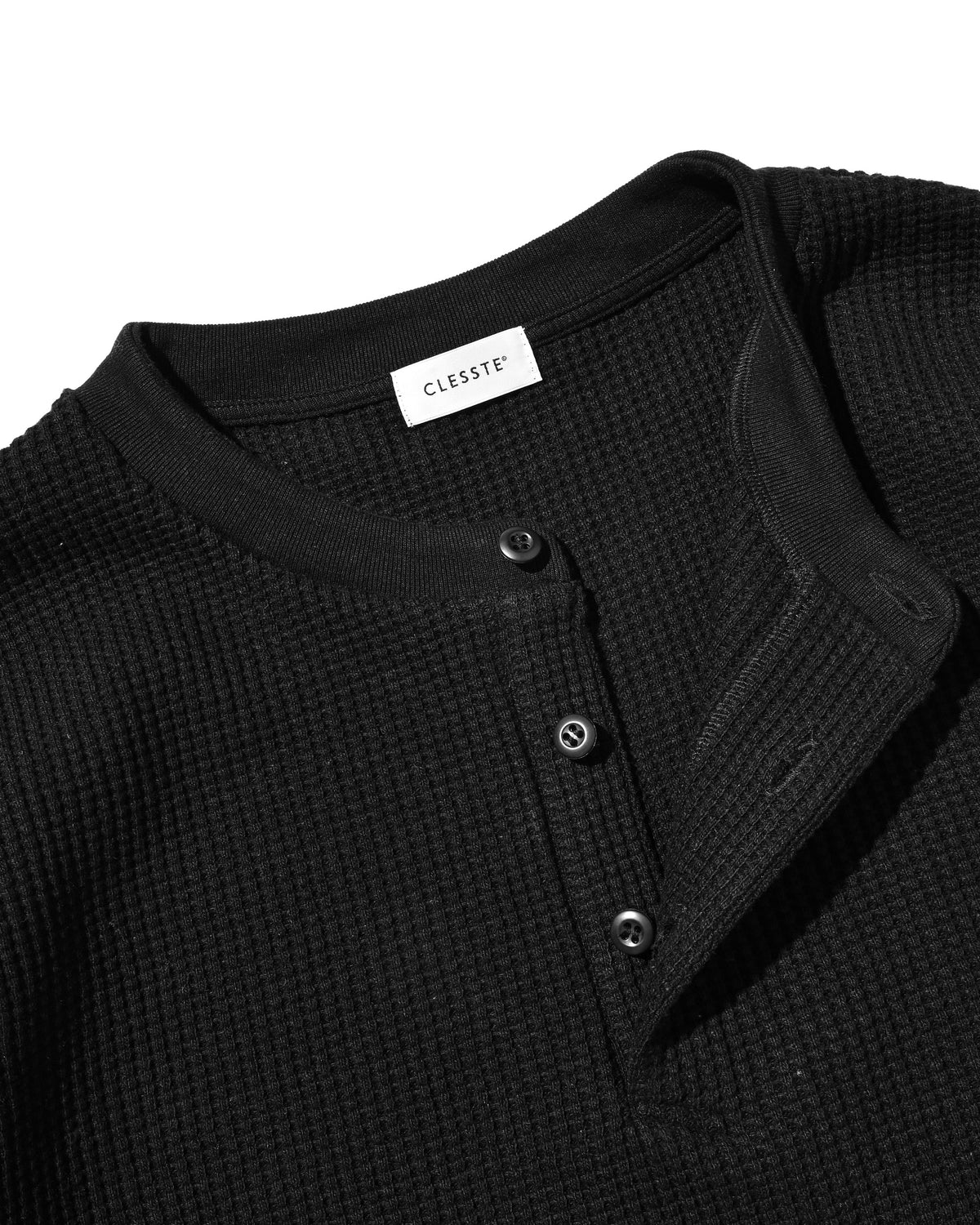【10.28 WED 20:00- IN STOCK】 THERMAL HENLEY NECK L/S T-SHIRT WITH DRAWSTRINGS (BLACK)