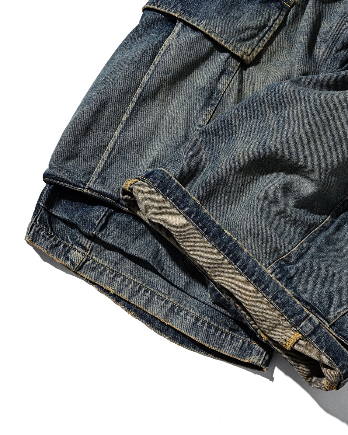 VINTAGE DYED SELVEDGE DENIM CITY MEGA POCKET BALLOON CARGO HALF PANTS (VINTAGE INDIGO)