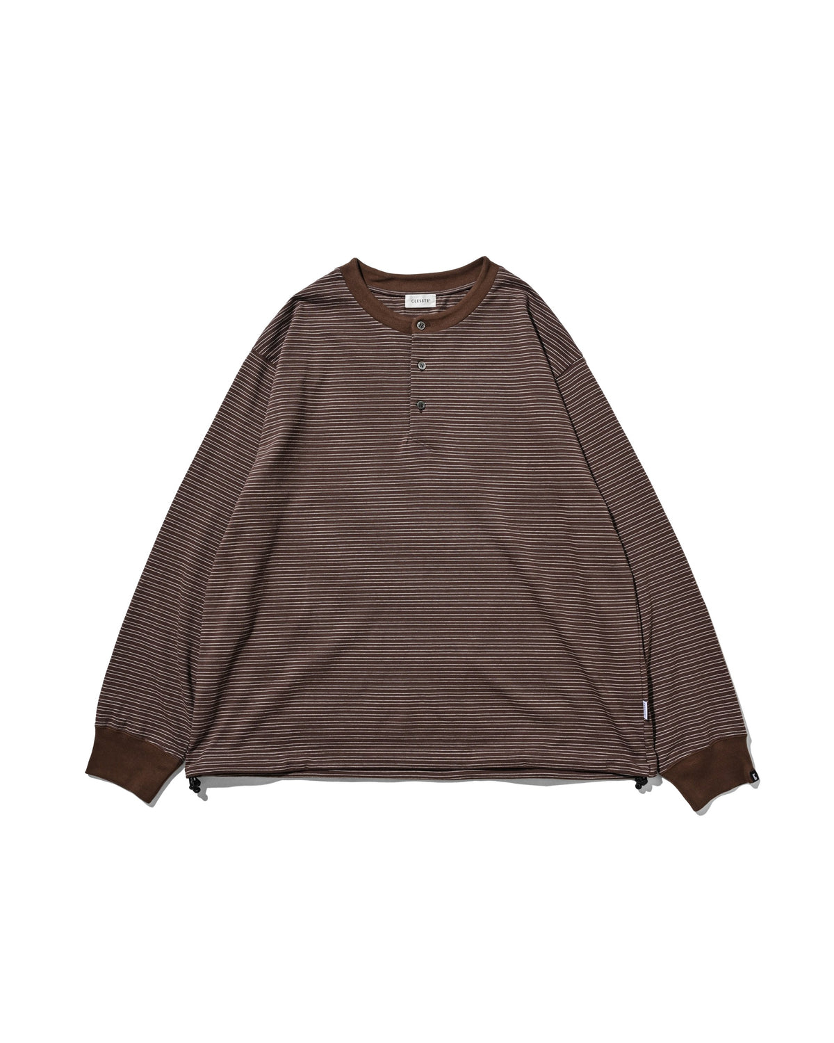 【10.14 WED 20:00- IN STOCK】 MICRO STRIPE HENLEY NECK L/S T-SHIRT WITH DRAWSTRINGS (BROWN)