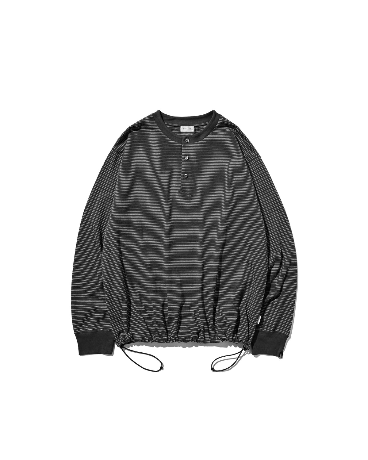 【10.14 WED 20:00- IN STOCK】 MICRO STRIPE HENLEY NECK L/S T-SHIRT WITH DRAWSTRINGS (GRAY)
