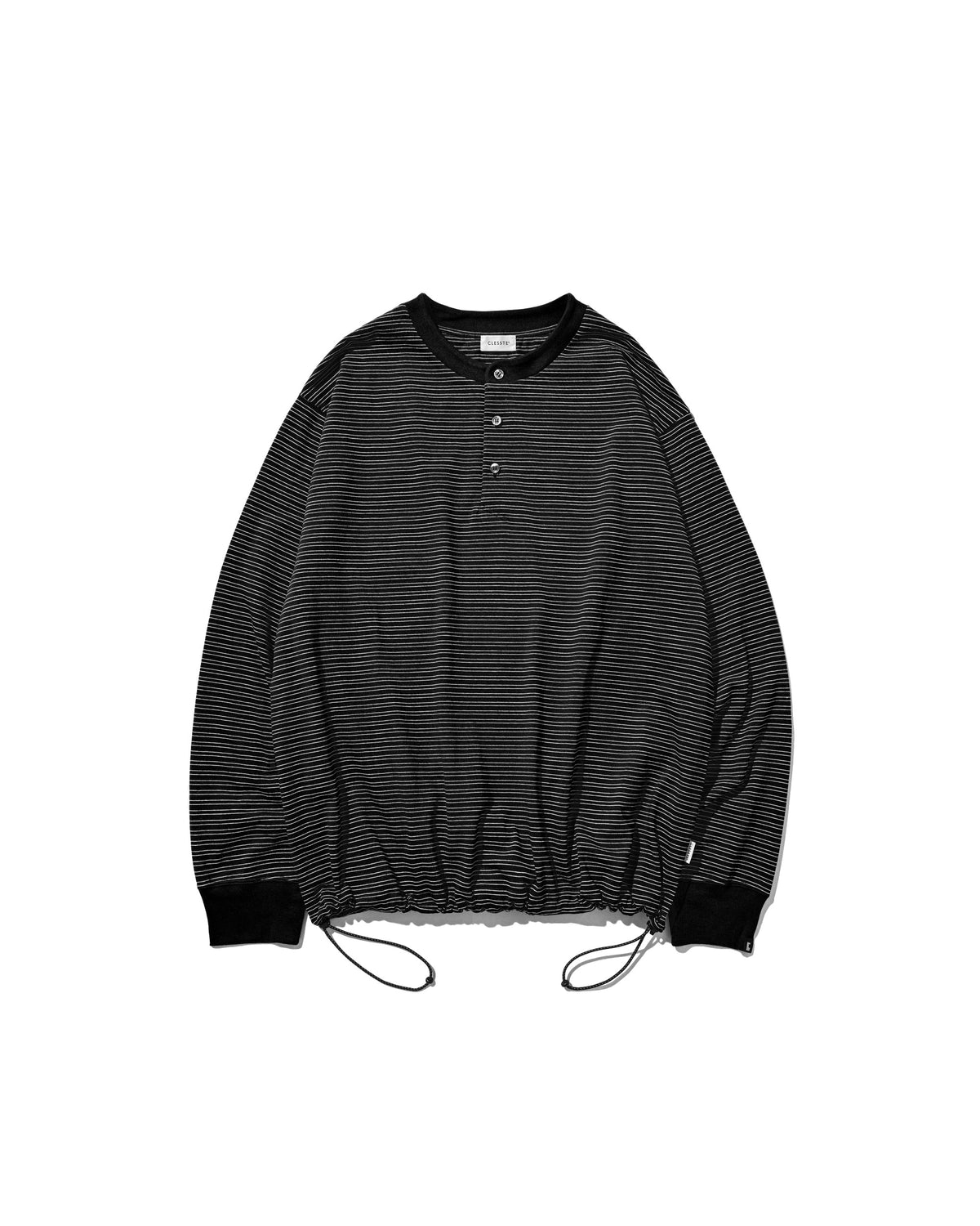 【10.14 WED 20:00- IN STOCK】MICRO STRIPE HENLEY NECK L/S T-SHIRT WITH DRAWSTRINGS (BLACK)