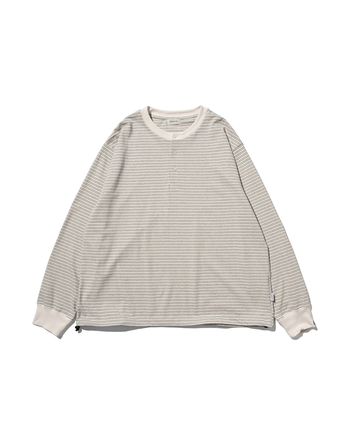 【10.14 WED 20:00- IN STOCK】 MICRO STRIPE HENLEY NECK L/S T-SHIRT WITH DRAWSTRINGS (IVORY)
