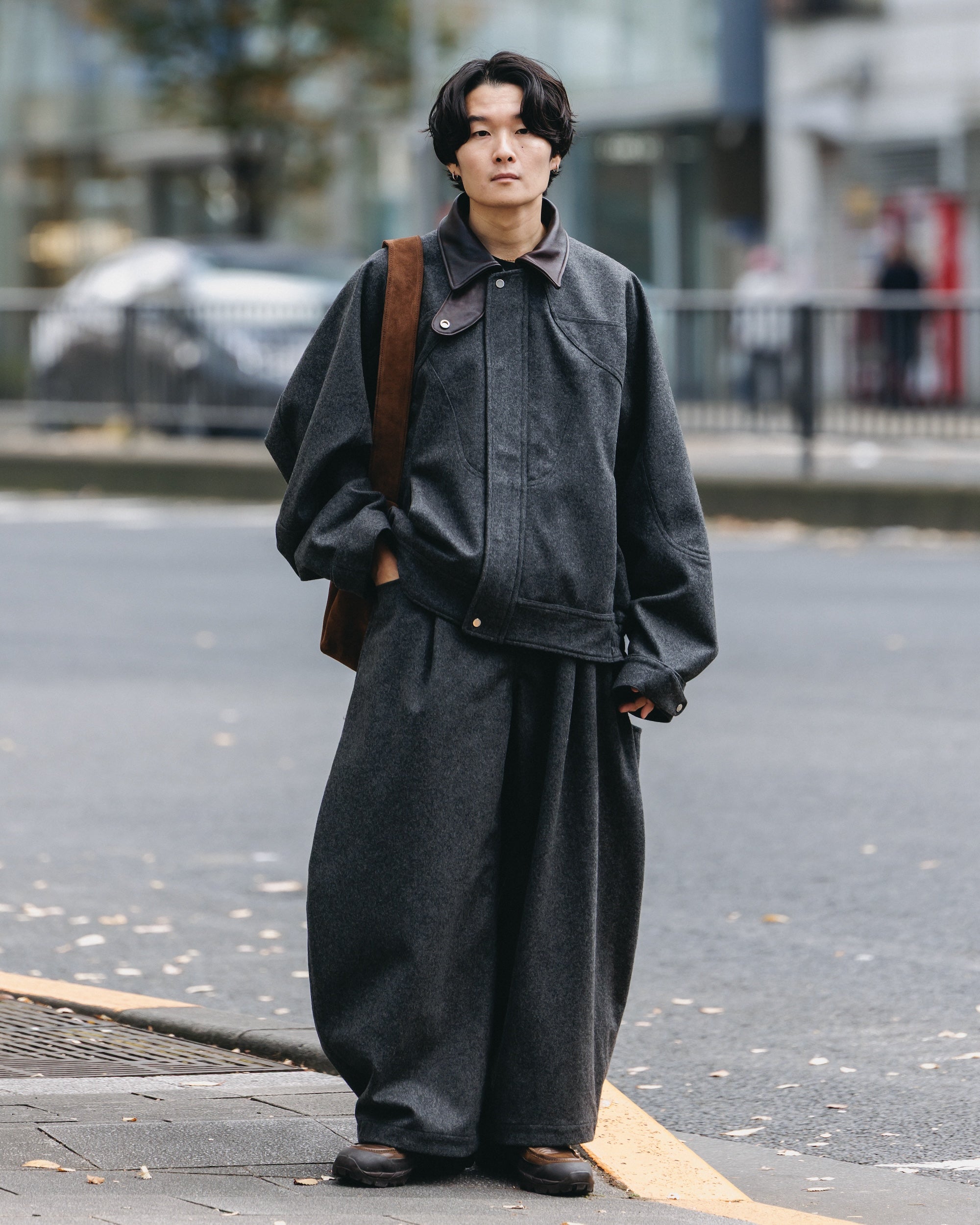 【12.6 SAT 20:00- IN STOCK】LEATHER COLLAR WOOL MELTON FUTURE JACKET (GRAY)