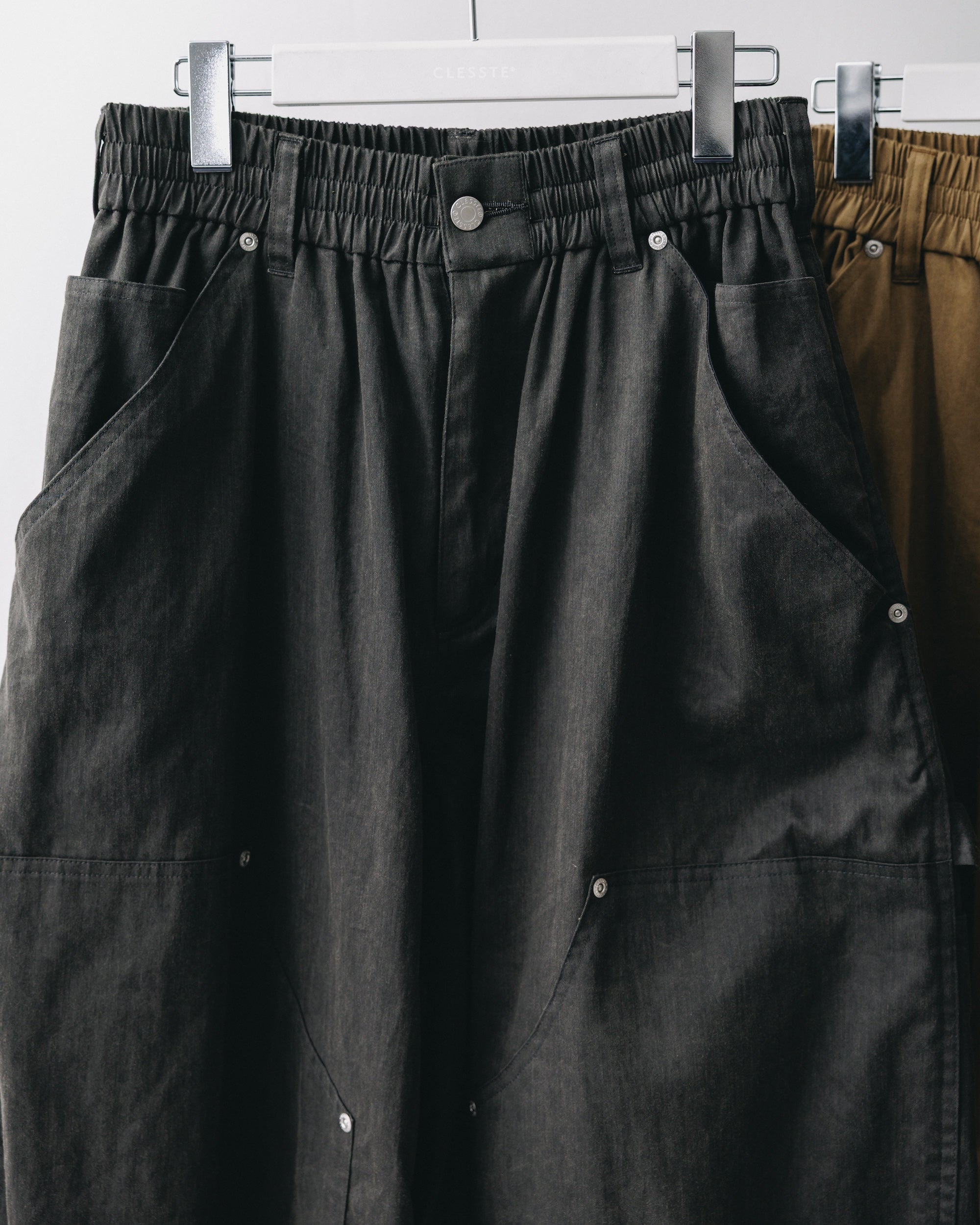 VINTAGE EFFECT DOUBLE KNEE CURVED WORKER PANTS (BLACK)