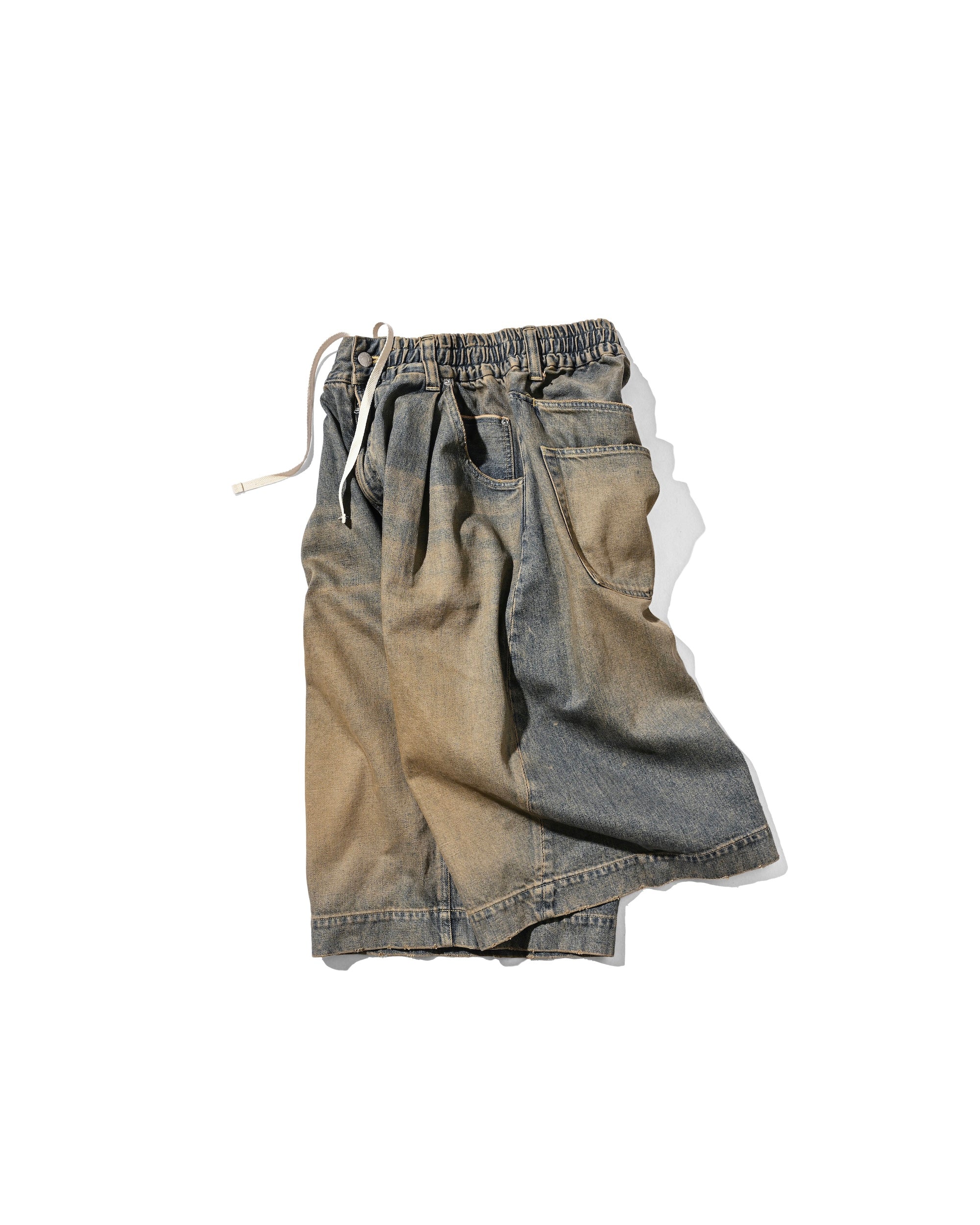 VINTAGE DYED SELVEDGE DENIM CITY BAGGY HALF PANTS (VINTAGE BEIGE)