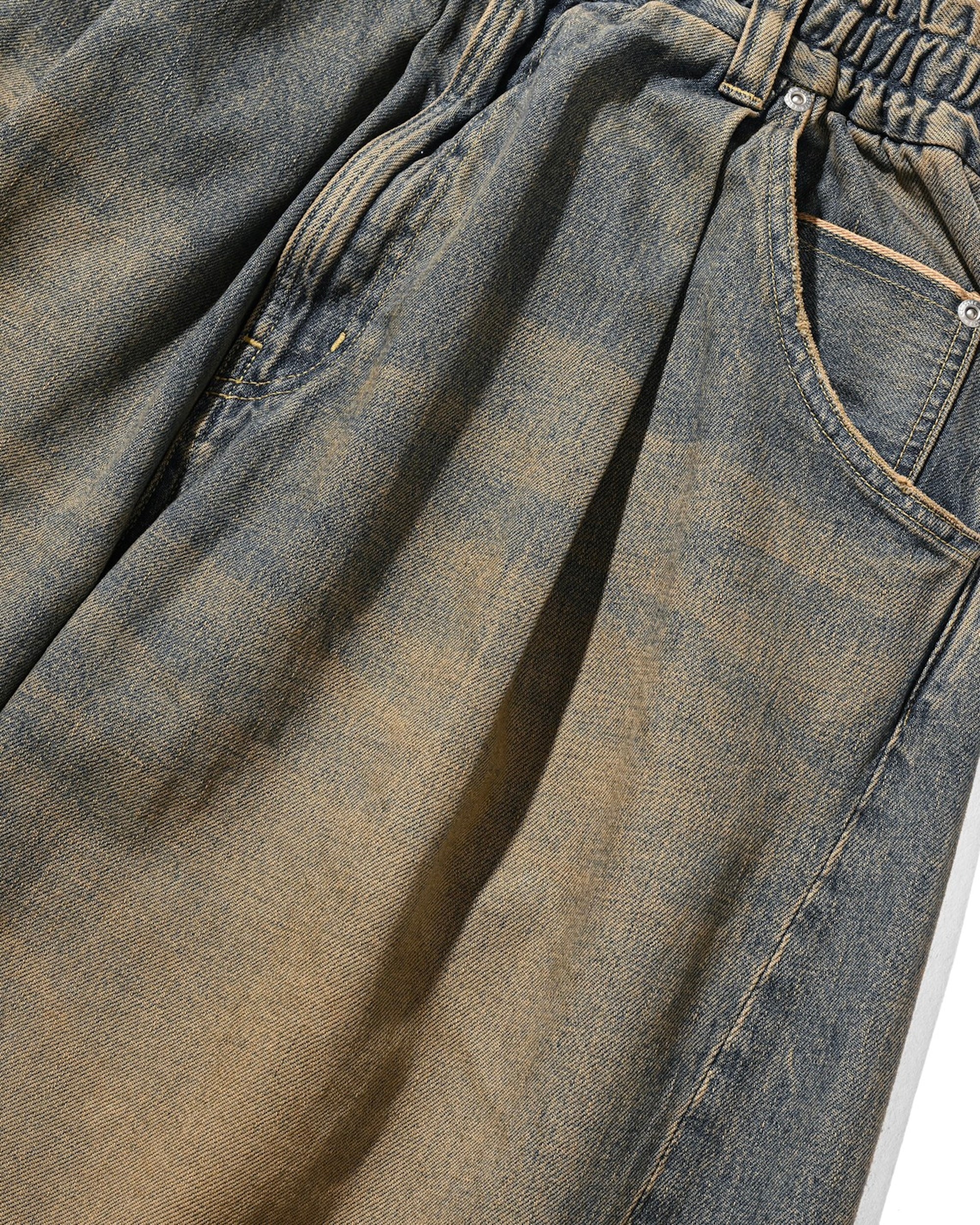 VINTAGE DYED SELVEDGE DENIM CITY BAGGY HALF PANTS (VINTAGE BEIGE)