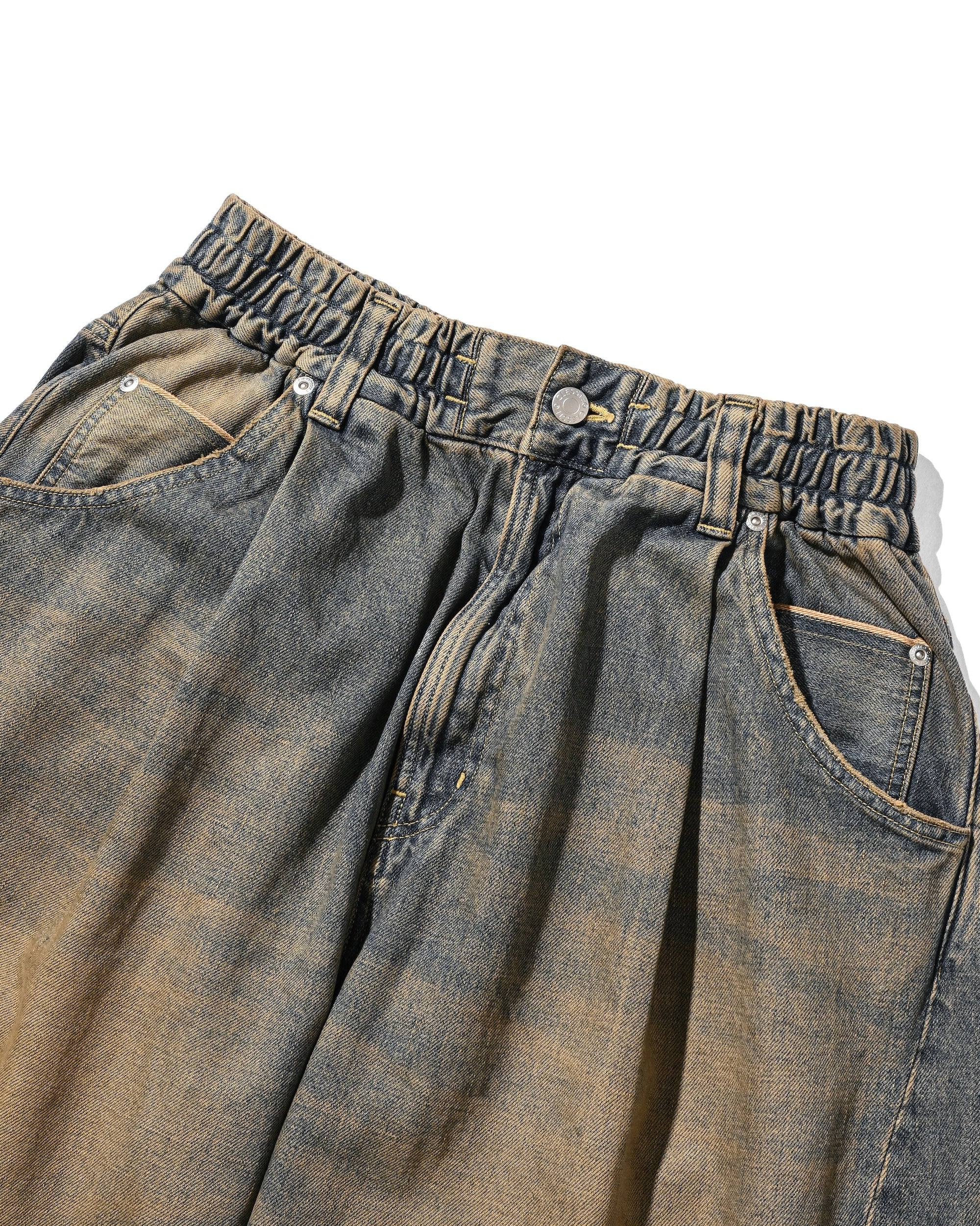 VINTAGE DYED SELVEDGE DENIM CITY BAGGY HALF PANTS (VINTAGE BEIGE)