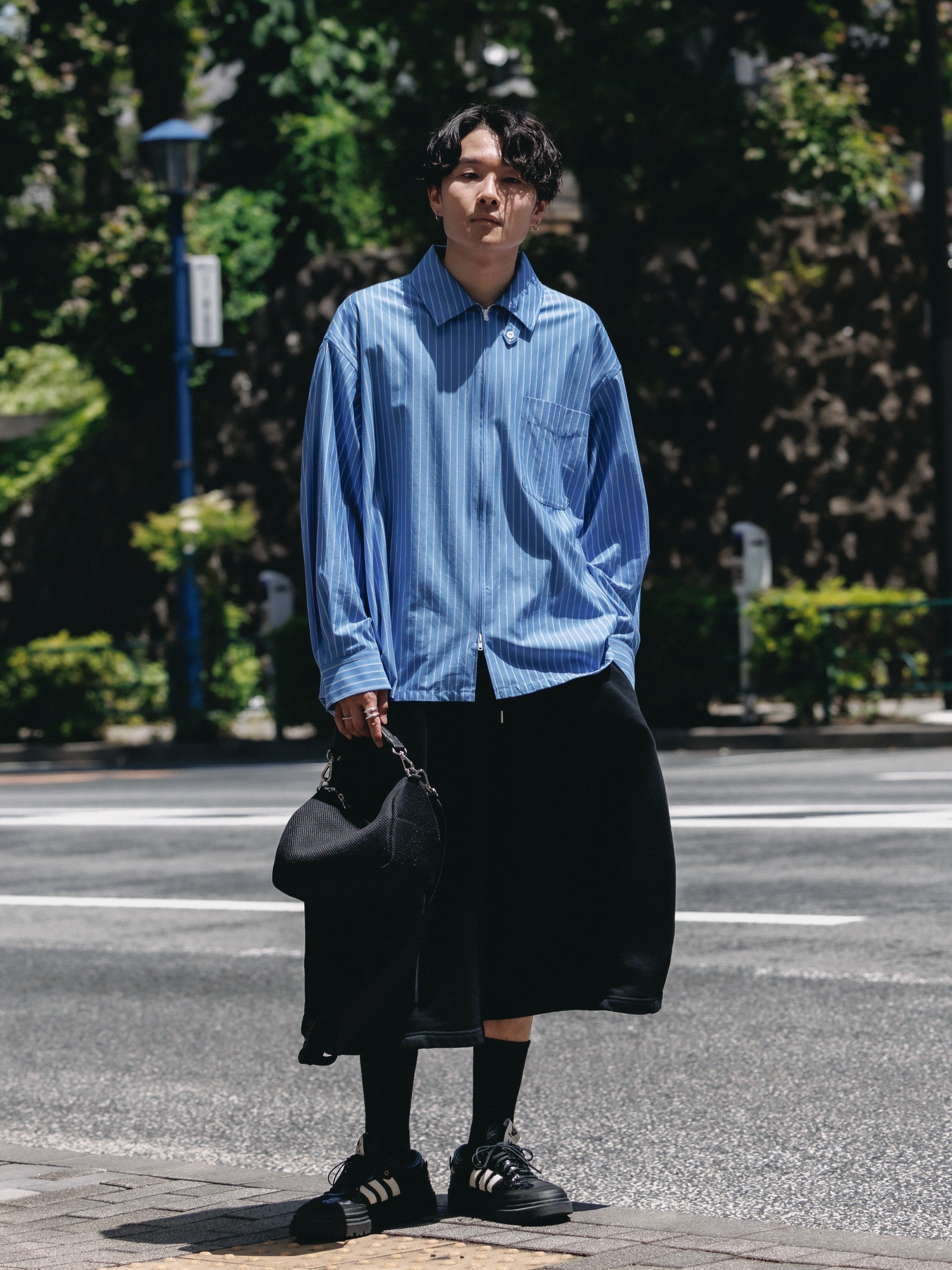 【5.30 SAT 20:00- IN STOCK】THICK/THIN STRIPE 46G KNIT EVERYDAY ZIP UP L/S SHIRT (SAX BLUE STRIPE)