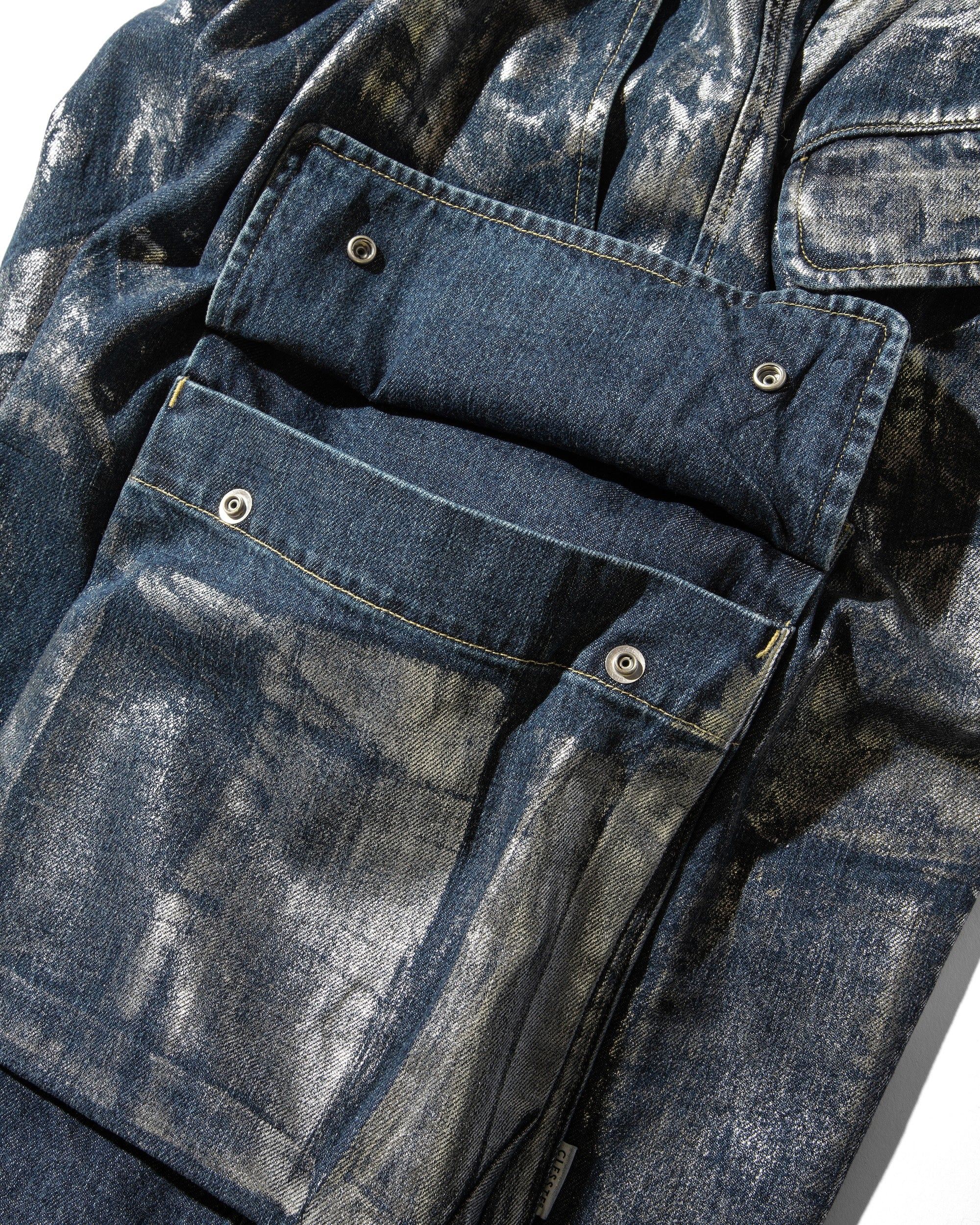 SILVER PRINT VINTAGE WASH SELVEDGE DENIM CITY MILITARY HALF PANTS