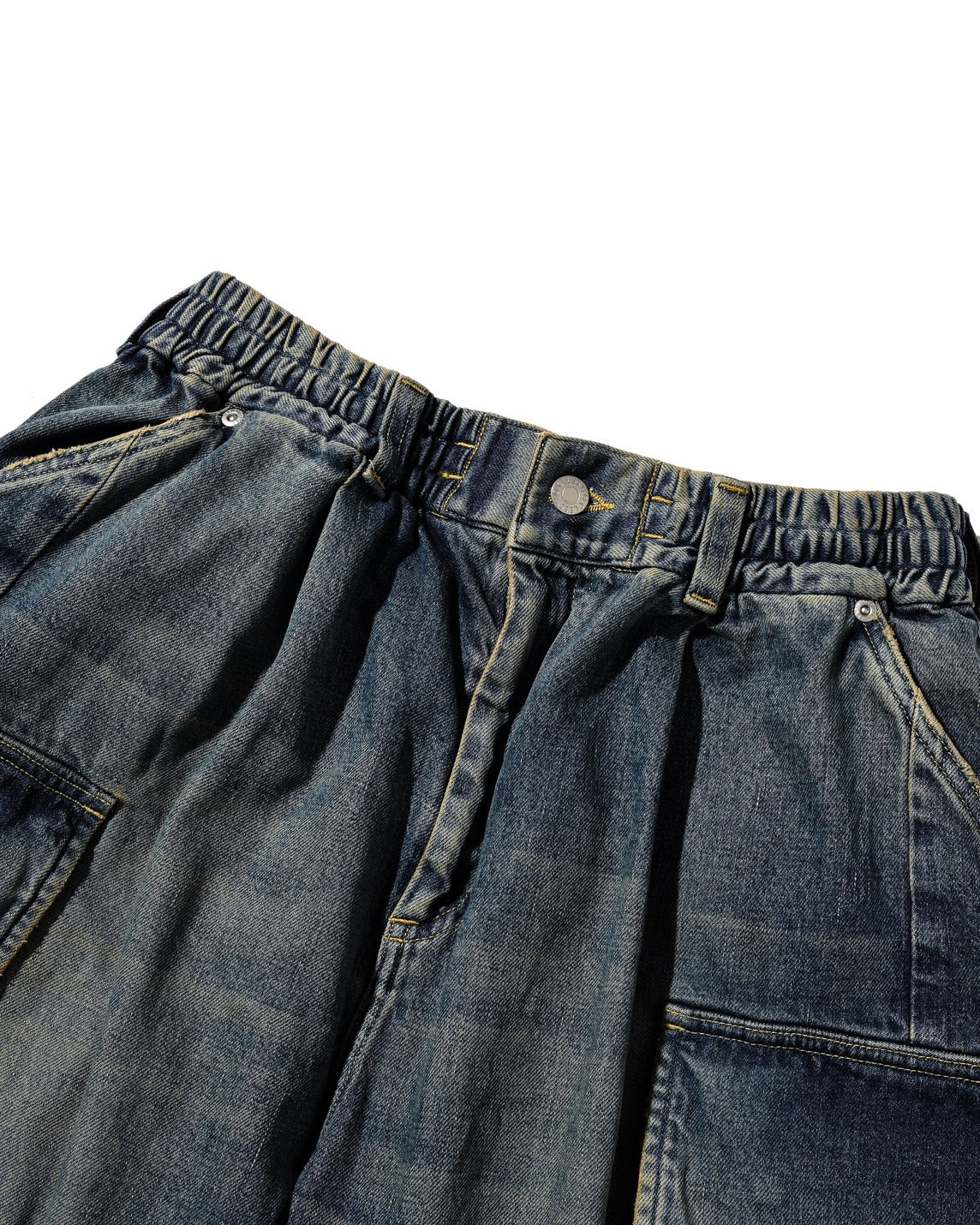 VINTAGE DYED SELVEDGE DENIM CITY MEGA POCKET BALLOON CARGO HALF PANTS (VINTAGE INDIGO)