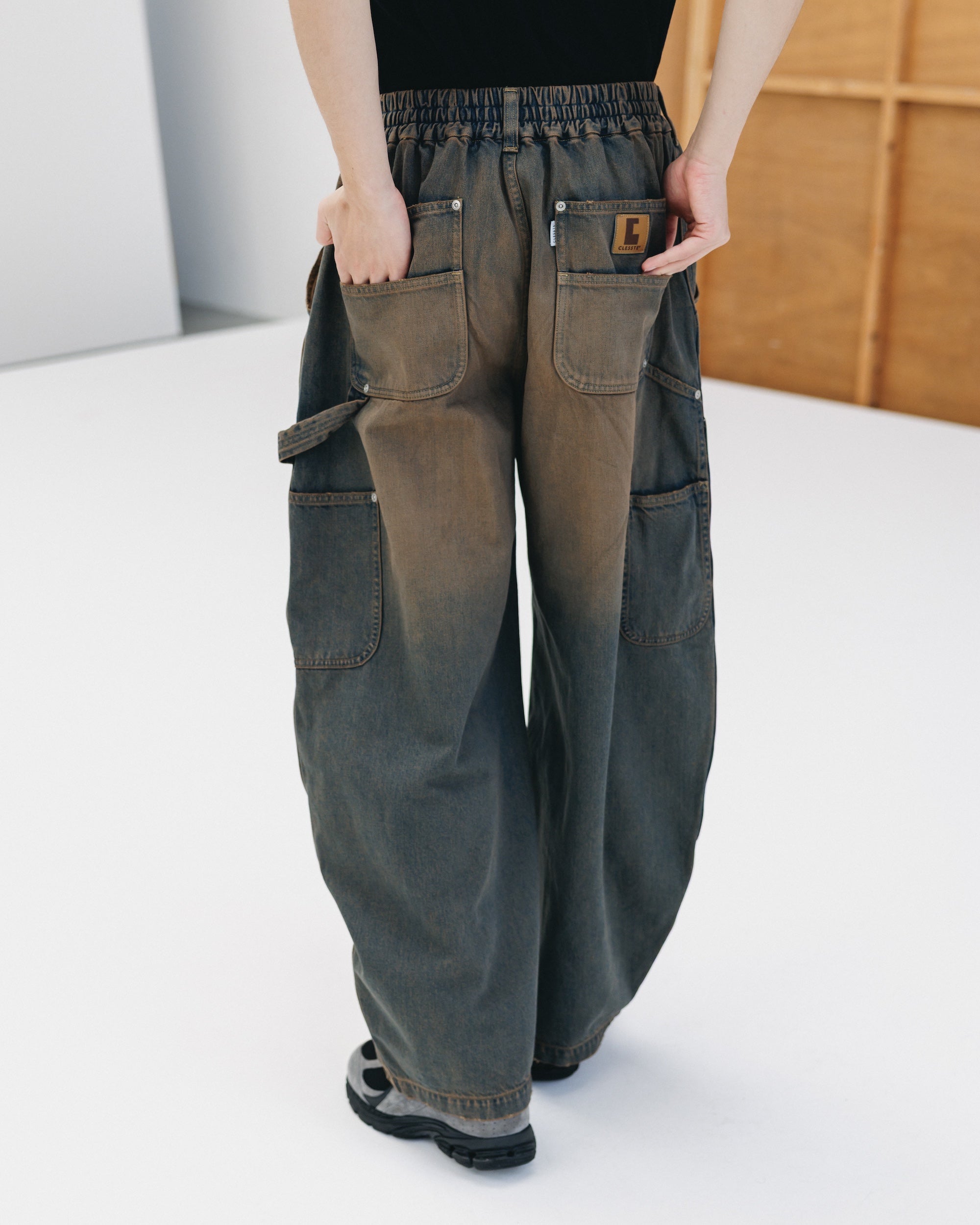 VINTAGE DYED SELVEDGE DENIM DOUBLE KNEE CURVED WORKER PANTS (VINTAGE BROWN)