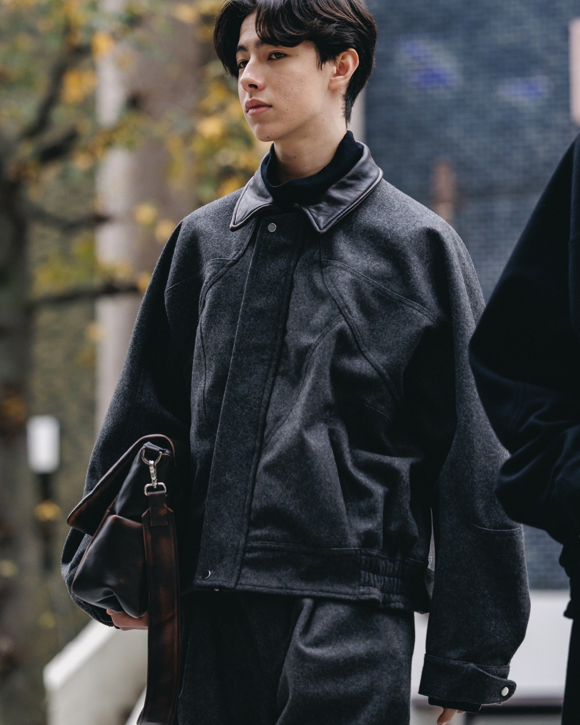 【12.6 SAT 20:00- IN STOCK】LEATHER COLLAR WOOL MELTON FUTURE JACKET (GRAY)