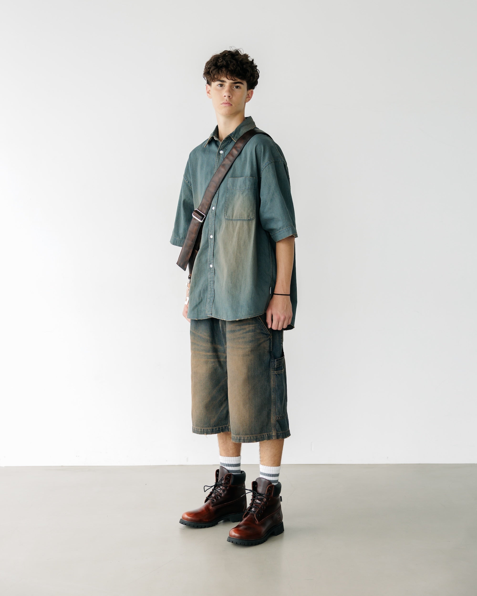 VINTAGE DYED SELVEDGE DENIM WORKER HALF PANTS (VINTAGE BROWN)