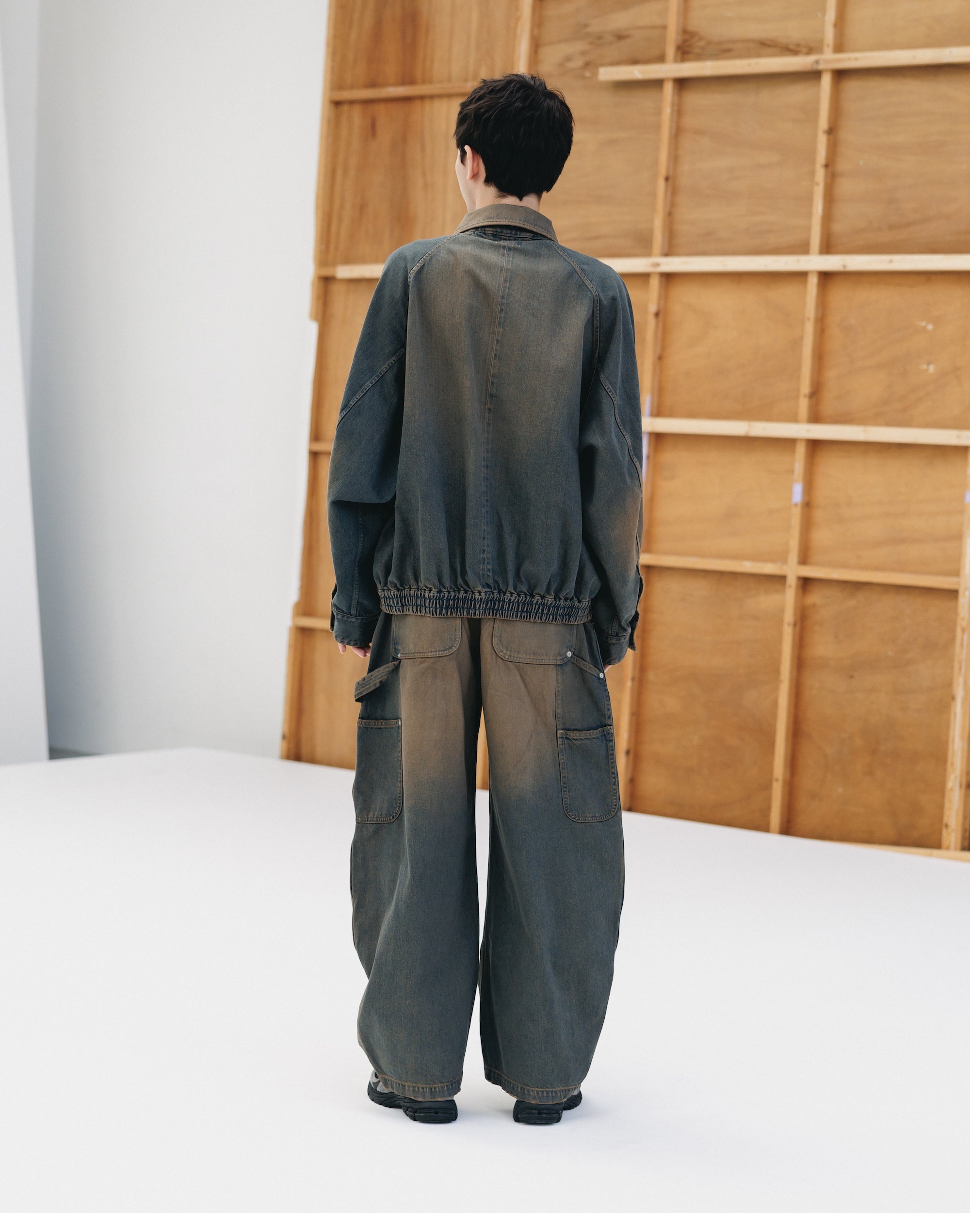 VINTAGE DYED SELVEDGE DENIM DOUBLE KNEE CURVED WORKER PANTS (VINTAGE BROWN)