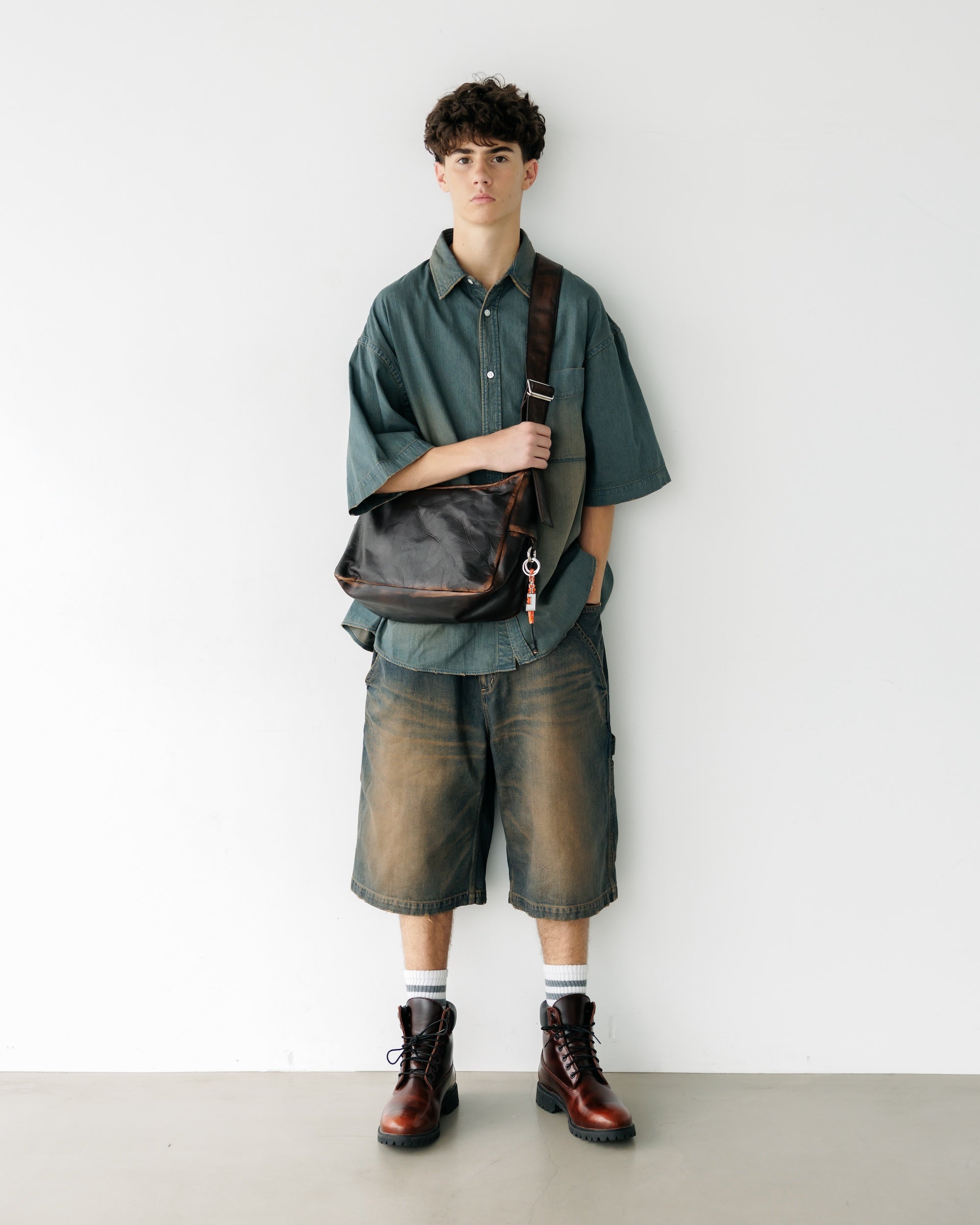 VINTAGE DYED SELVEDGE DENIM WORKER HALF PANTS (VINTAGE BROWN)