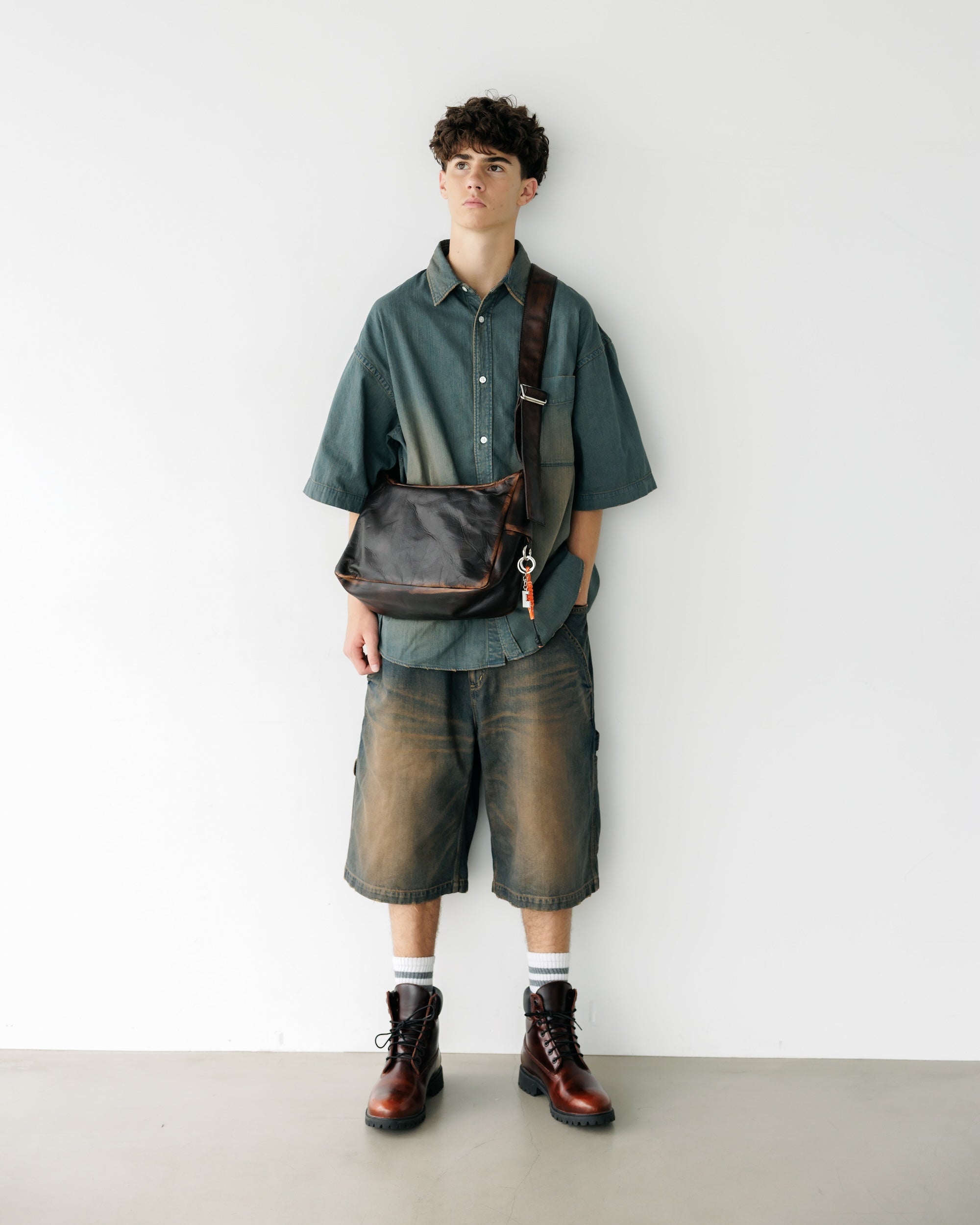 VINTAGE DYED SELVEDGE DENIM WORKER HALF PANTS (VINTAGE BROWN)